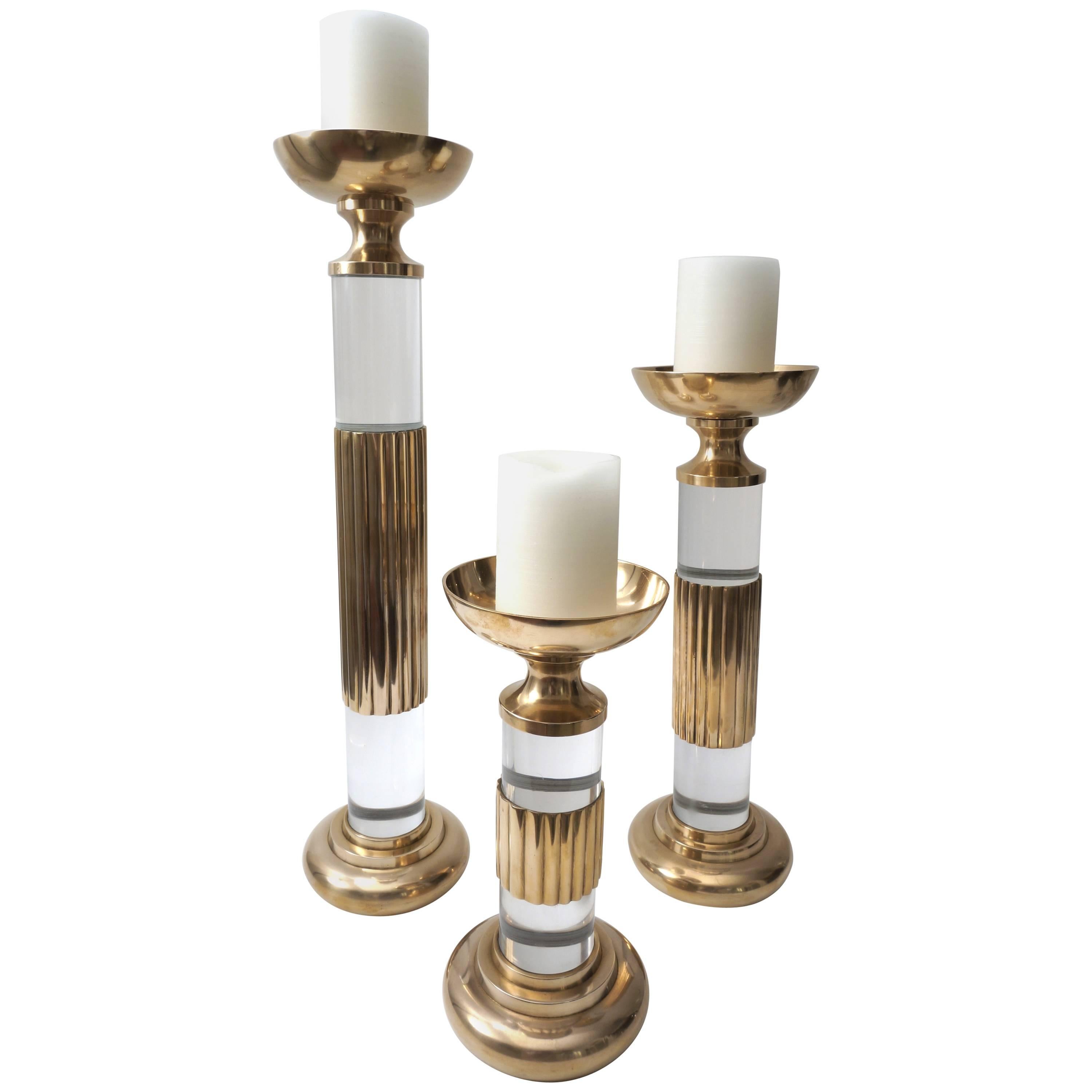 Set of Three Candlesticks in Brass and Lucite