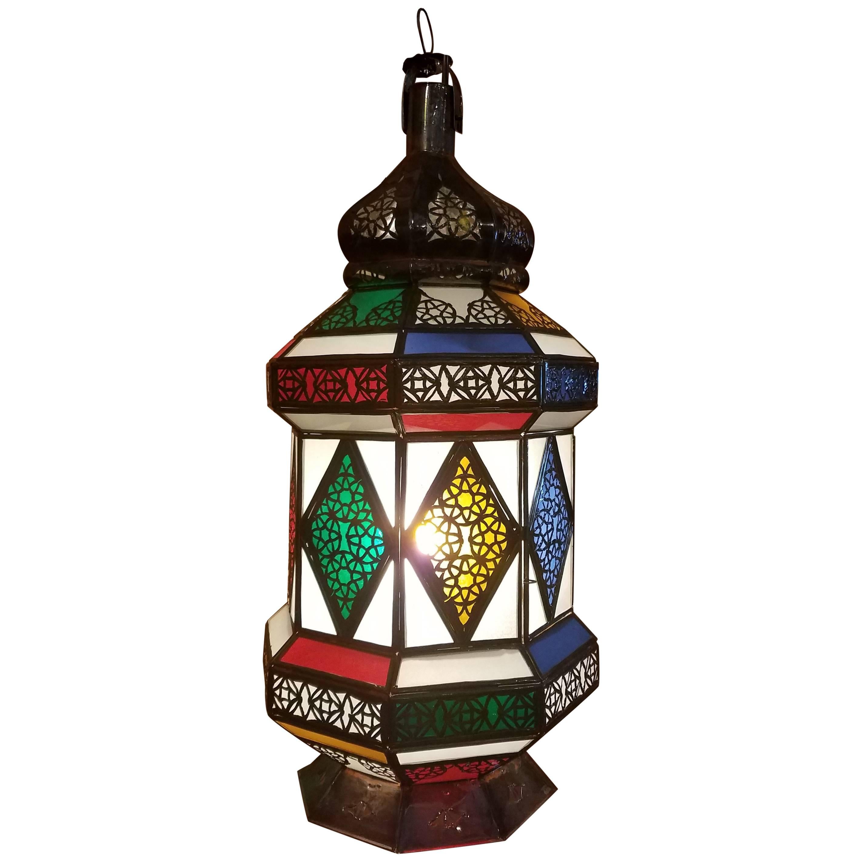 Flat Bottom Moroccan Multi-Color Glass Lantern For Sale
