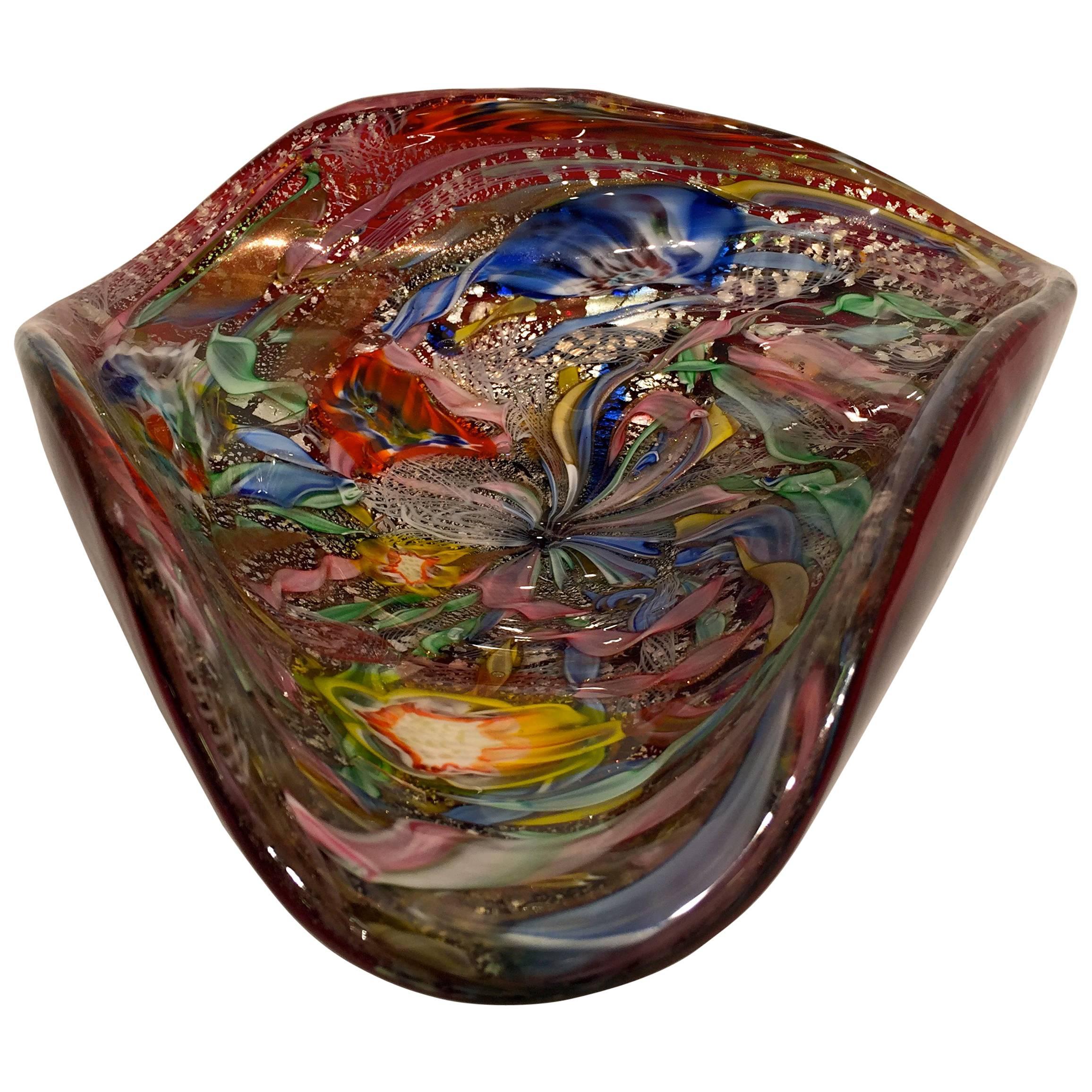 AVeM Bowl, Artistic Blown Murano Glass, Multicolored and Red, circa 1950 For Sale