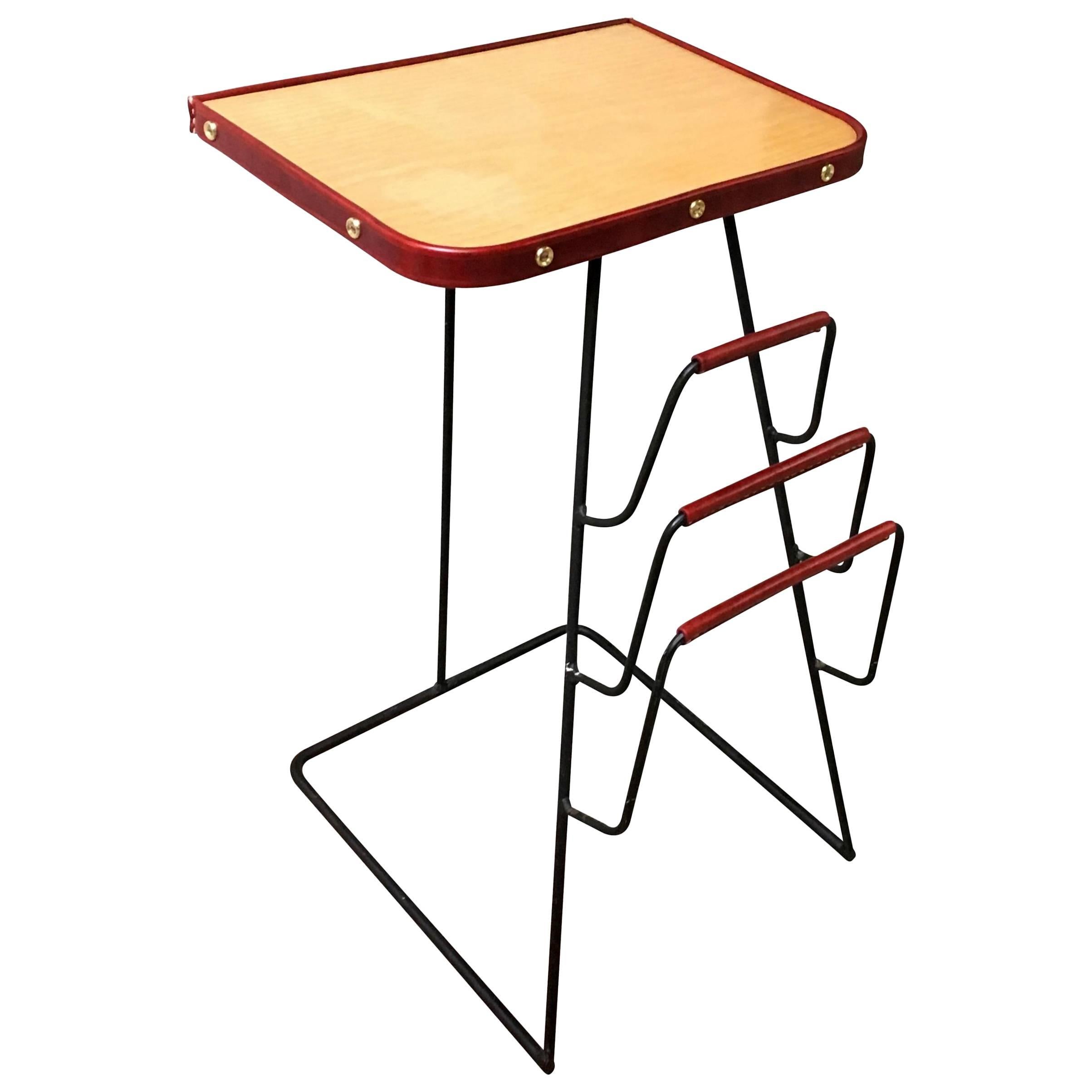 Jacques Adnet Red Leather and Brass Side Table with Magazine Rack