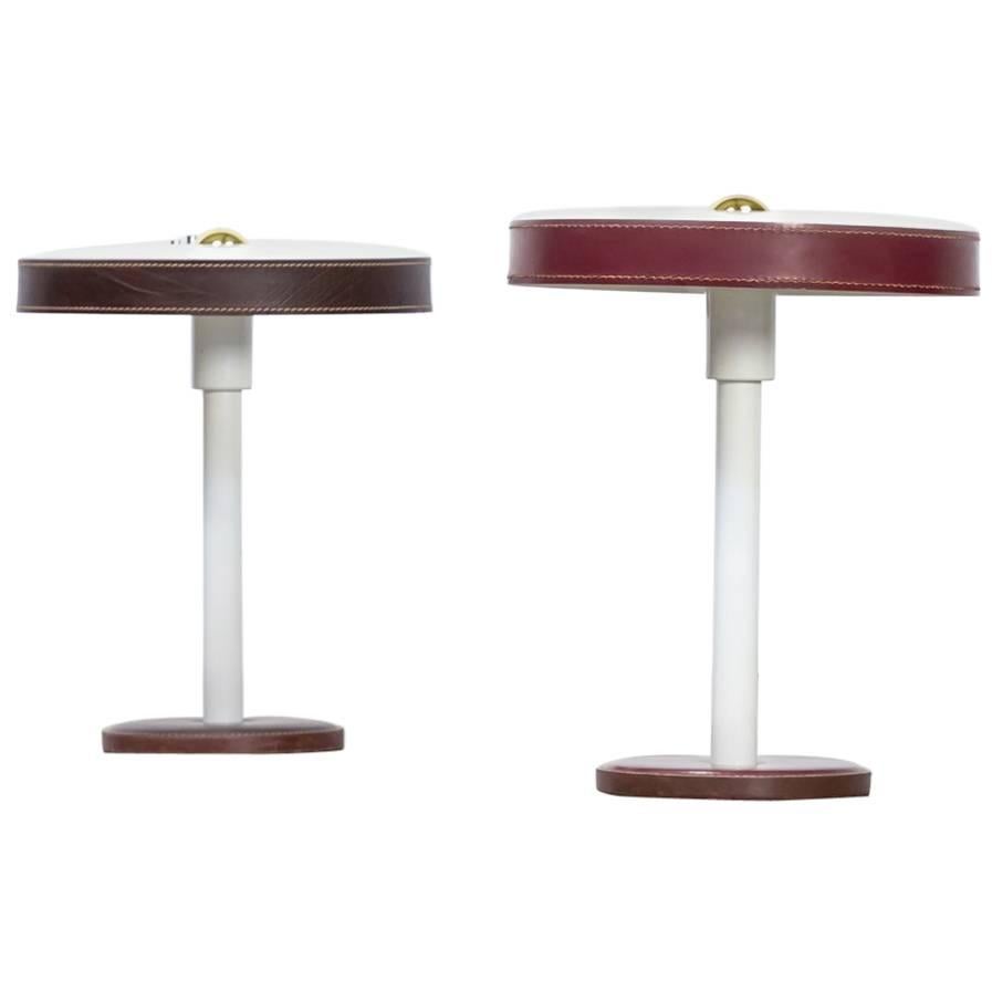 1960s Table Lamp Leather Metal by Jacques Adnet Brown or Bordeaux Set of Two For Sale