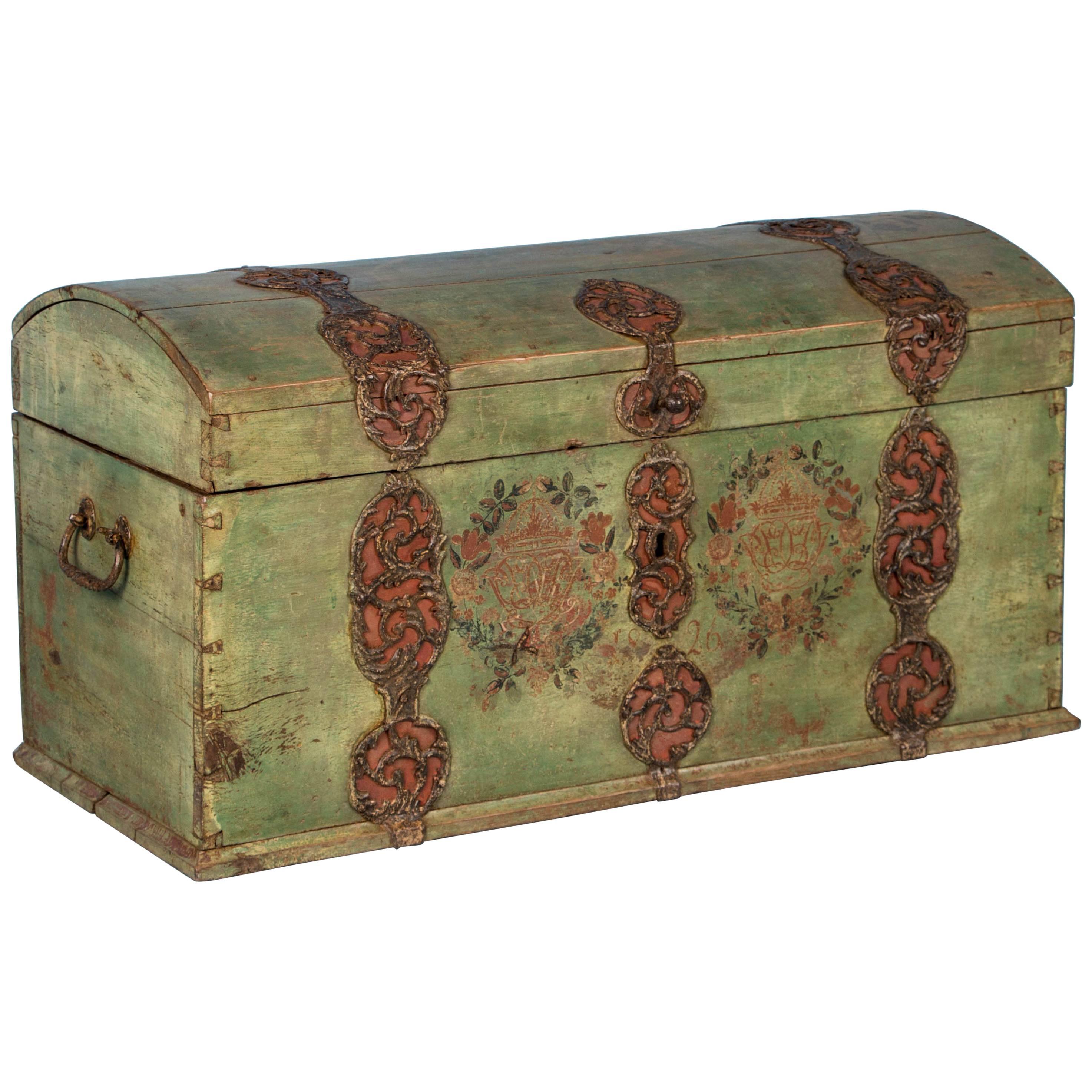 Antique Swedish Dome Top Trunk with Original Green Paint