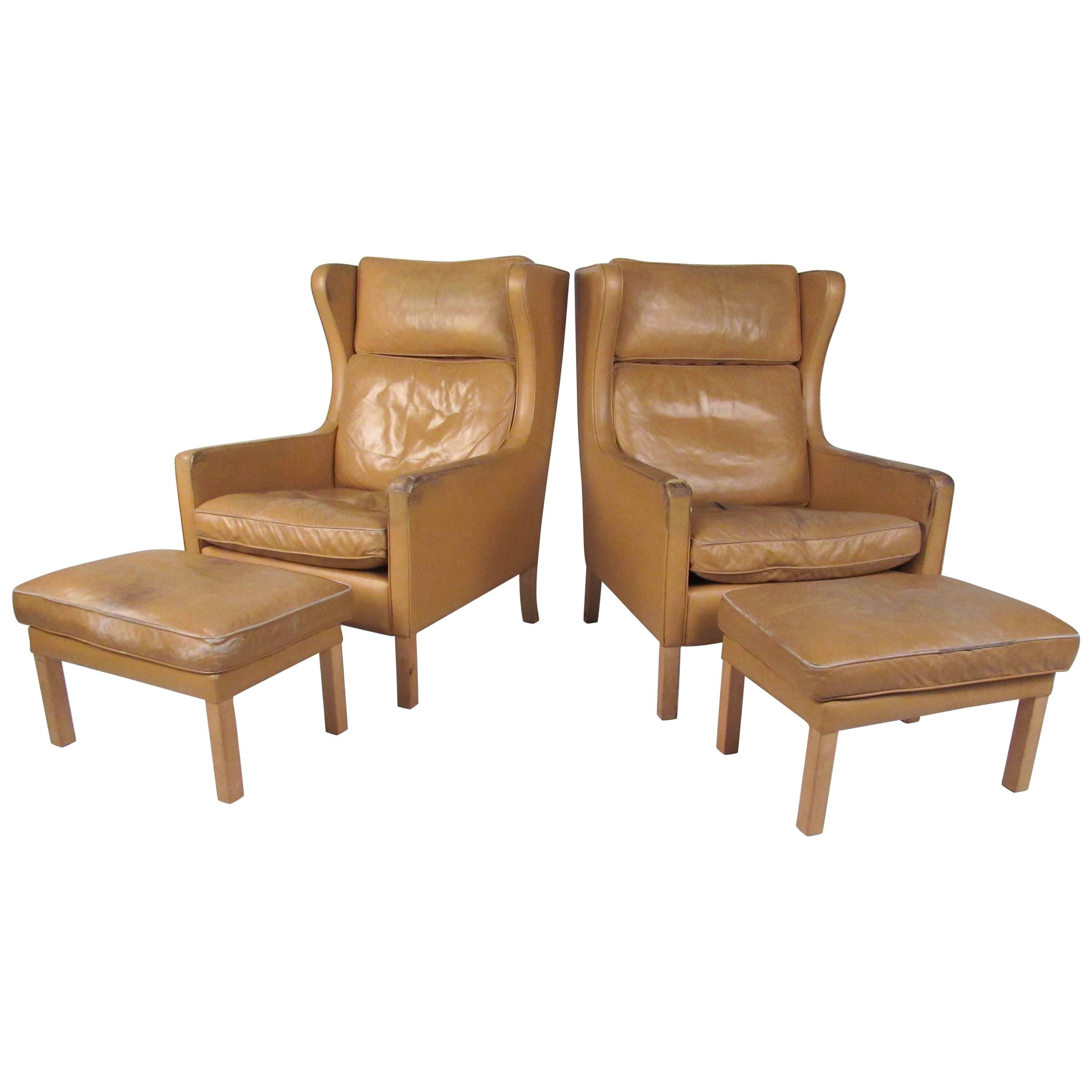 Pair of Børge Mogensen Wing Back Leather Chairs with Ottomans