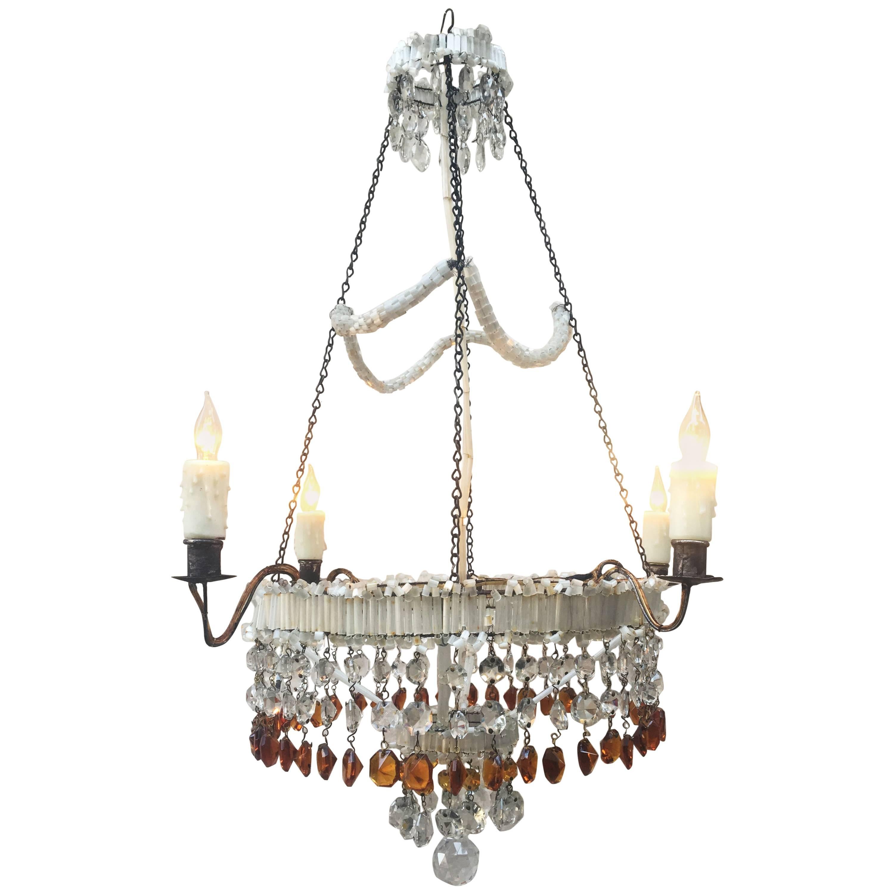 19th Century Italian Empire Venetian Opaline Glass and Amber Crystal Chandelier