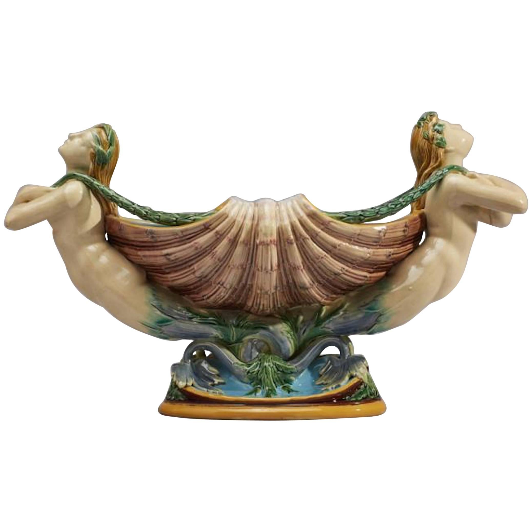 19th Century Minton Majolica Shell Form Mermaid Centerpiece For Sale