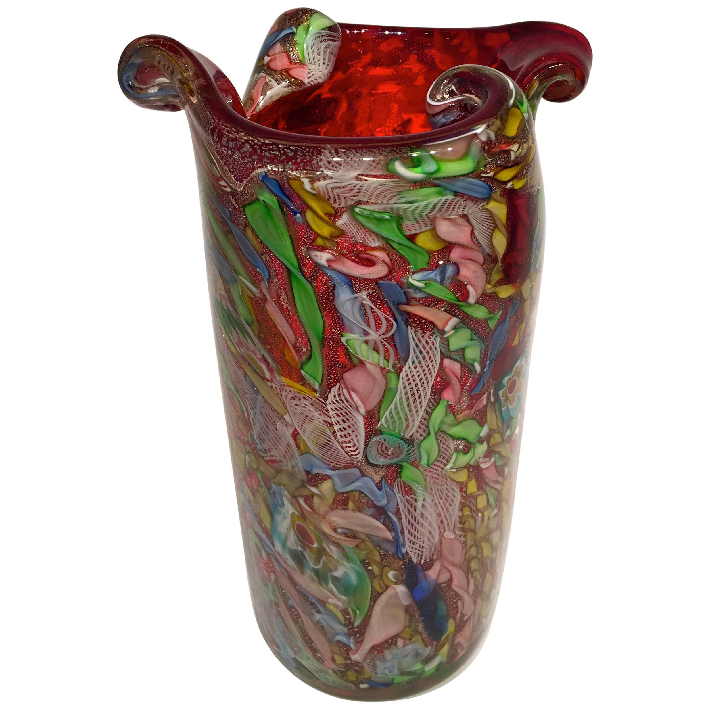 AVeM Vase, Artistic Blown Murano Glass, Multicolored and Red, circa 1950 For Sale