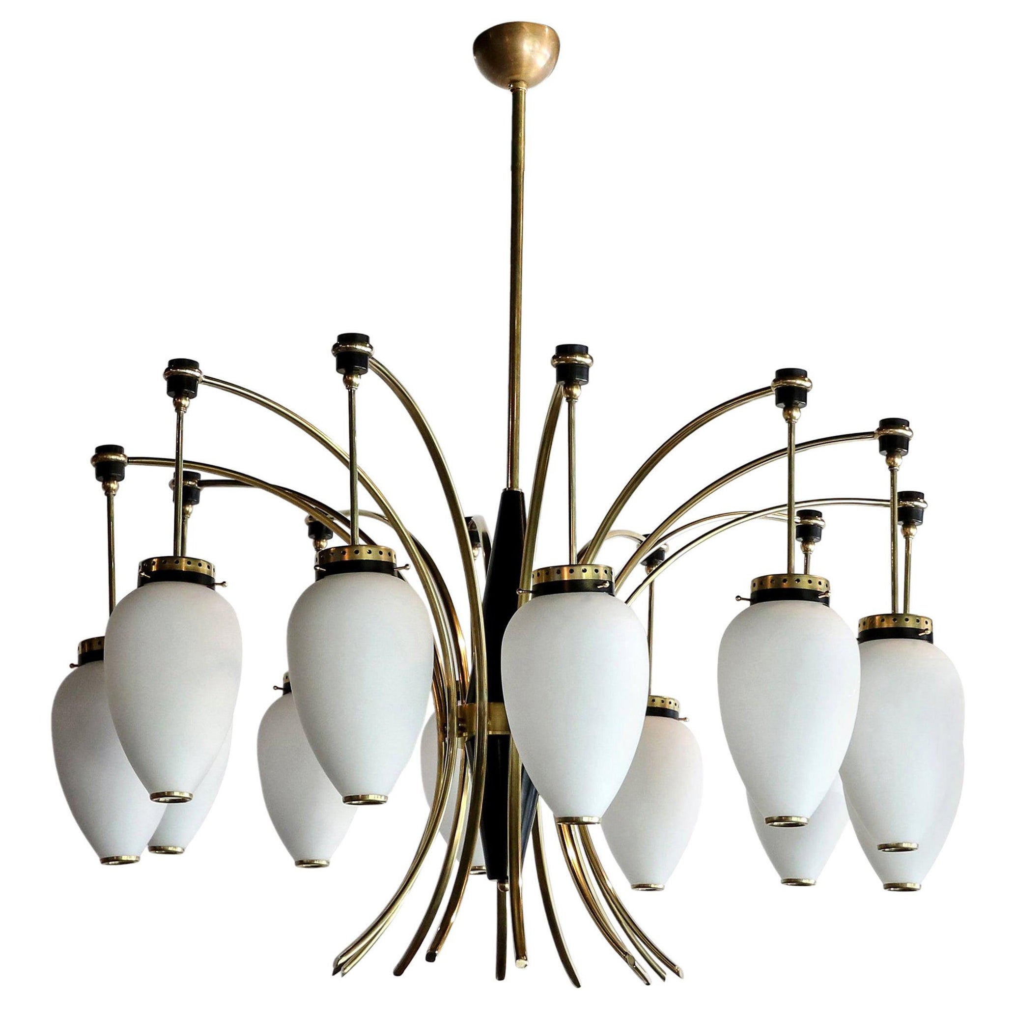 French 1960s Brass and White Glass Chandelier For Sale