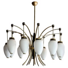 French 1960s Brass and White Glass Chandelier
