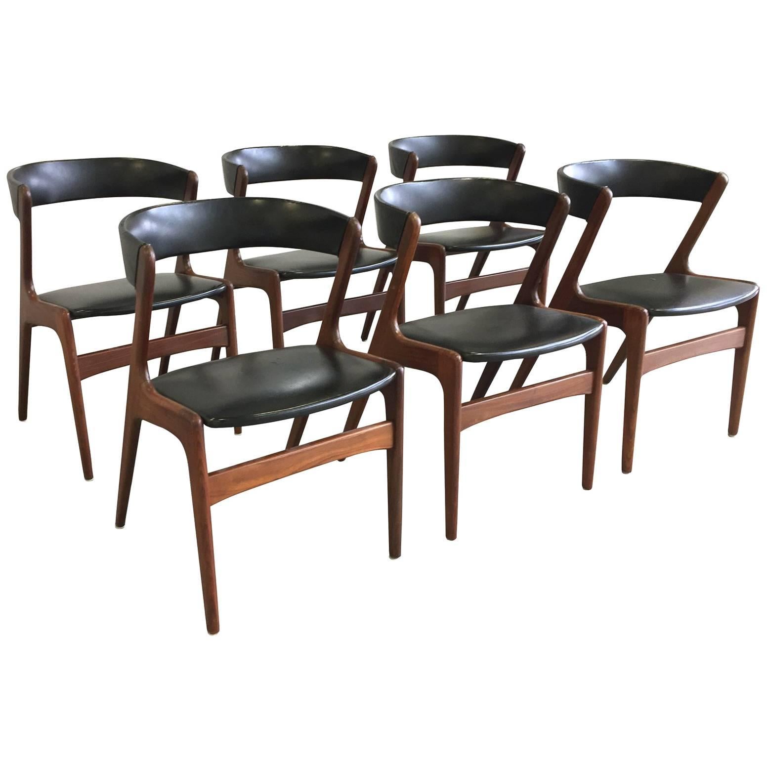Set of Six Midcentury Danish Teak and Black Skai Dining Chairs by Omann Jun