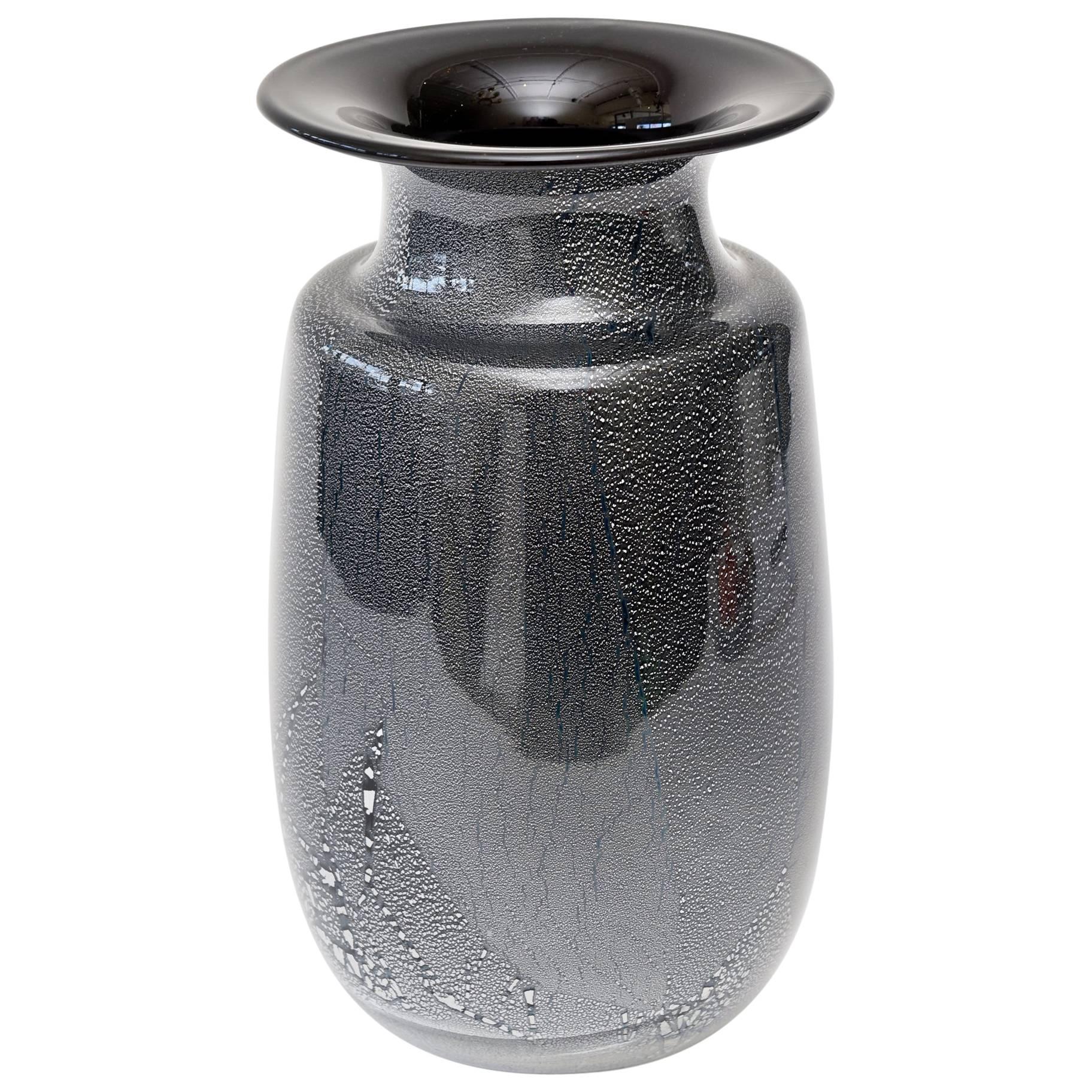 Italian Murano Seguso Black Amethyst and Silver Foil Large Vase or Vessel /SALE