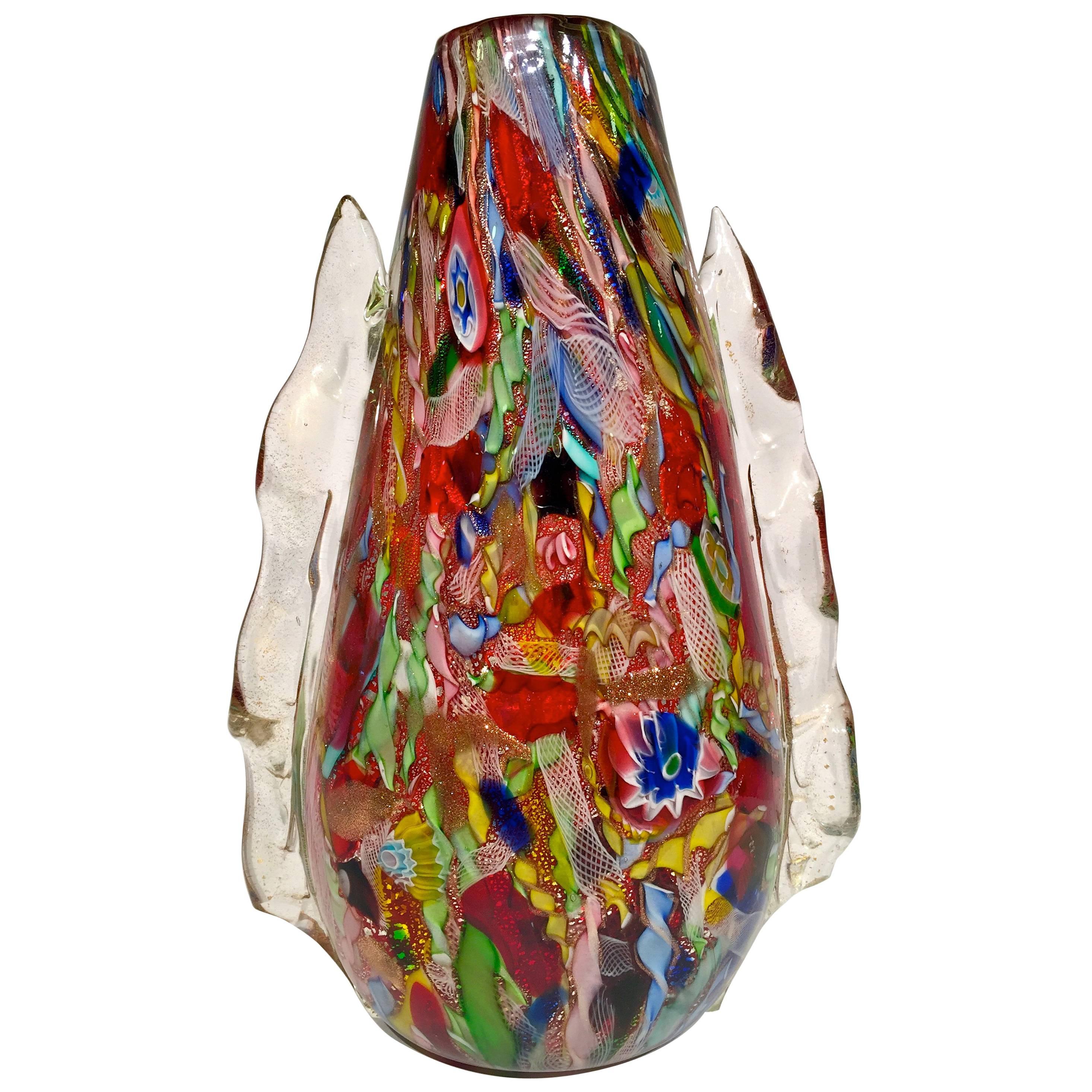 AVeM Vase, Artistic Blown Murano Glass, Multicolored and Red, circa 1950 For Sale