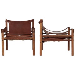 Arne Norell Rosewood and Brown Leather Safari Sirocco Chairs, Sweden, 1960s