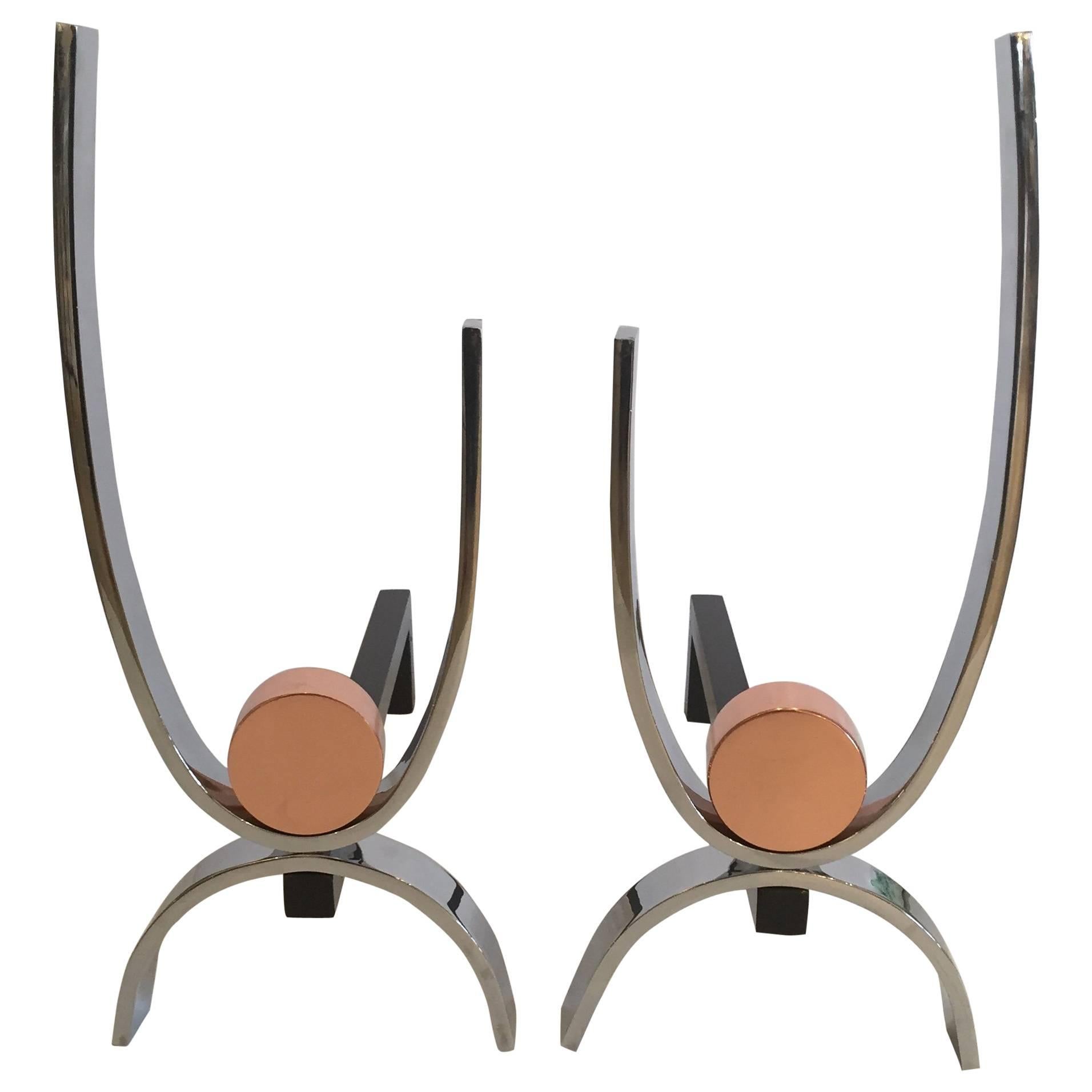 Artisan Made Mid-Century Modern Copper and Iron Andirons