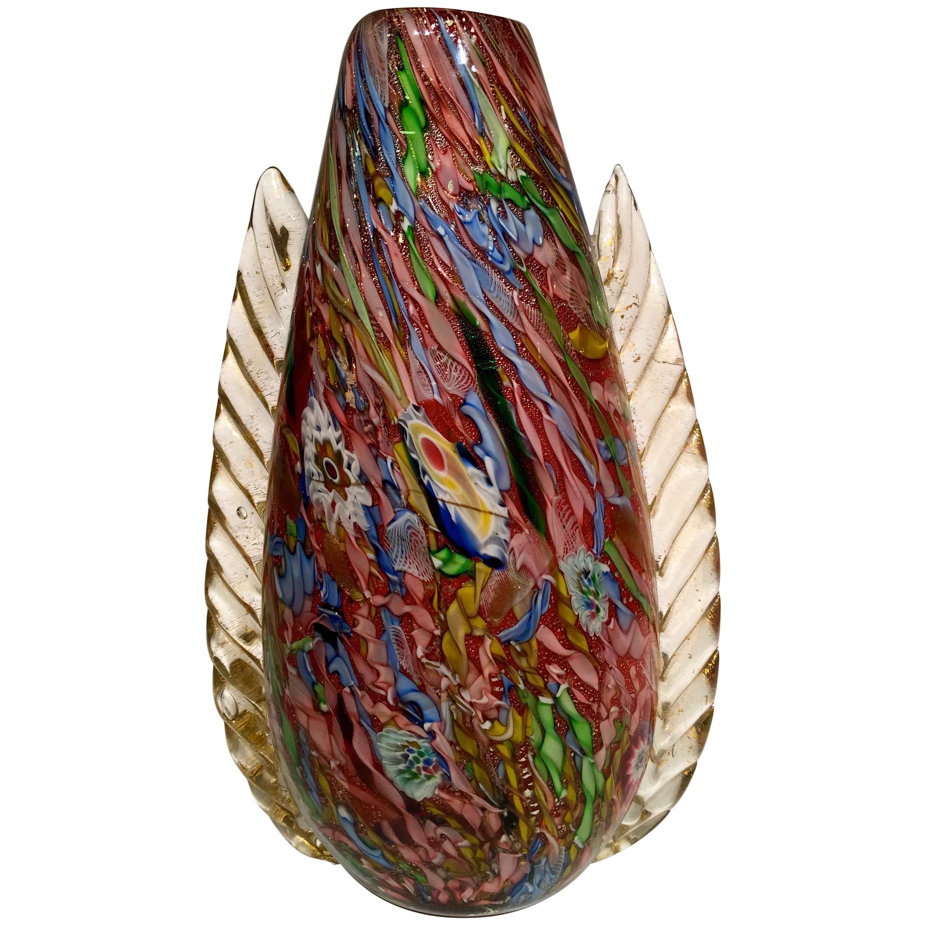 AVeM Vase, Artistic Blown Murano Glass, Multicolored and Red, circa 1950 For Sale