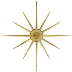 Vintage Large Roxhall Brass Spike Sunburst Clock, circa 1960