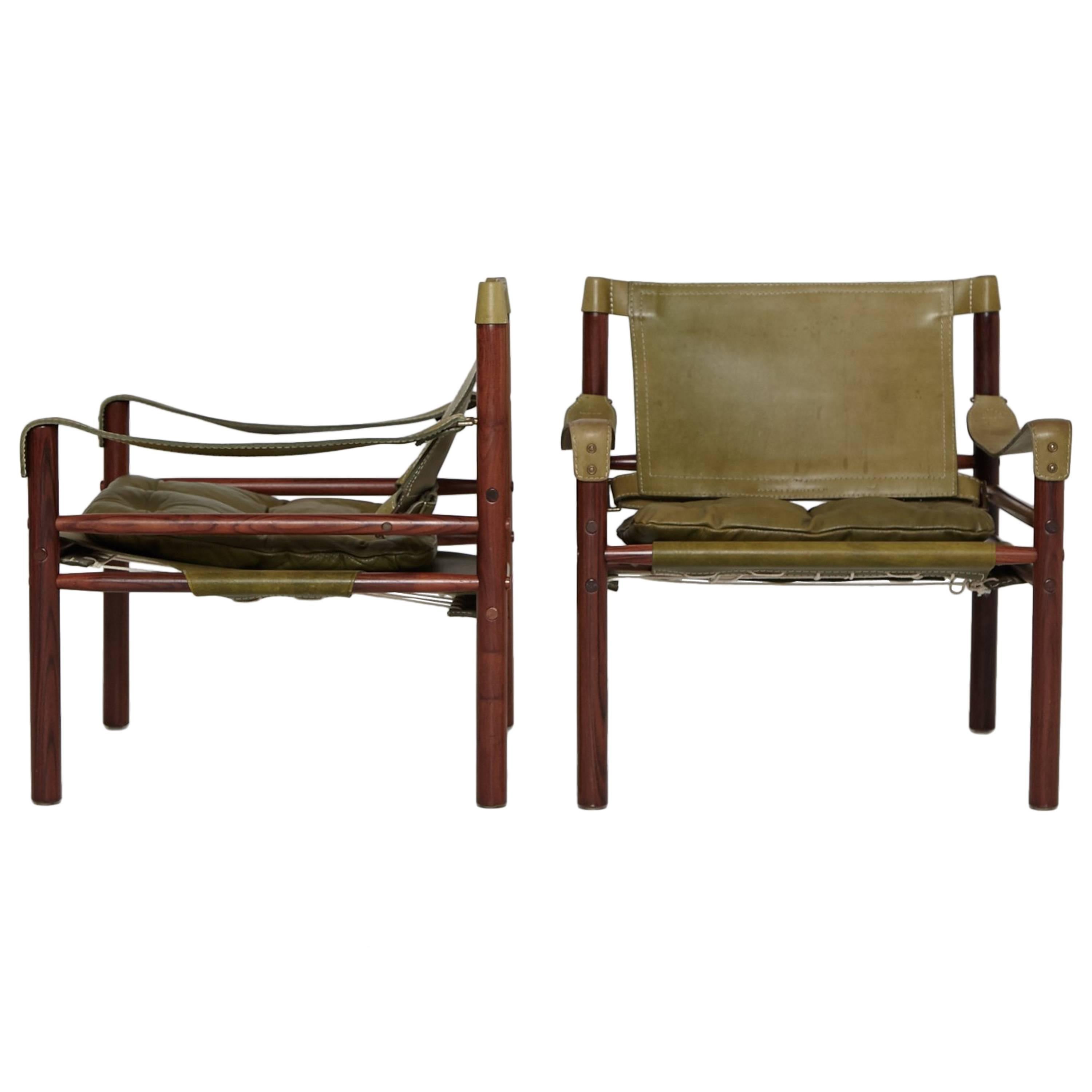 Pair of Green Leather Arne Norell 'Sirocco' Safari Chairs, Sweden, 1960s-1970s