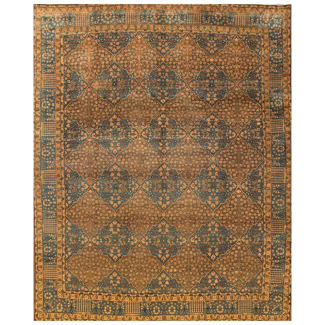 Antique Beige and Blue Persian Kerman Carpet For Sale