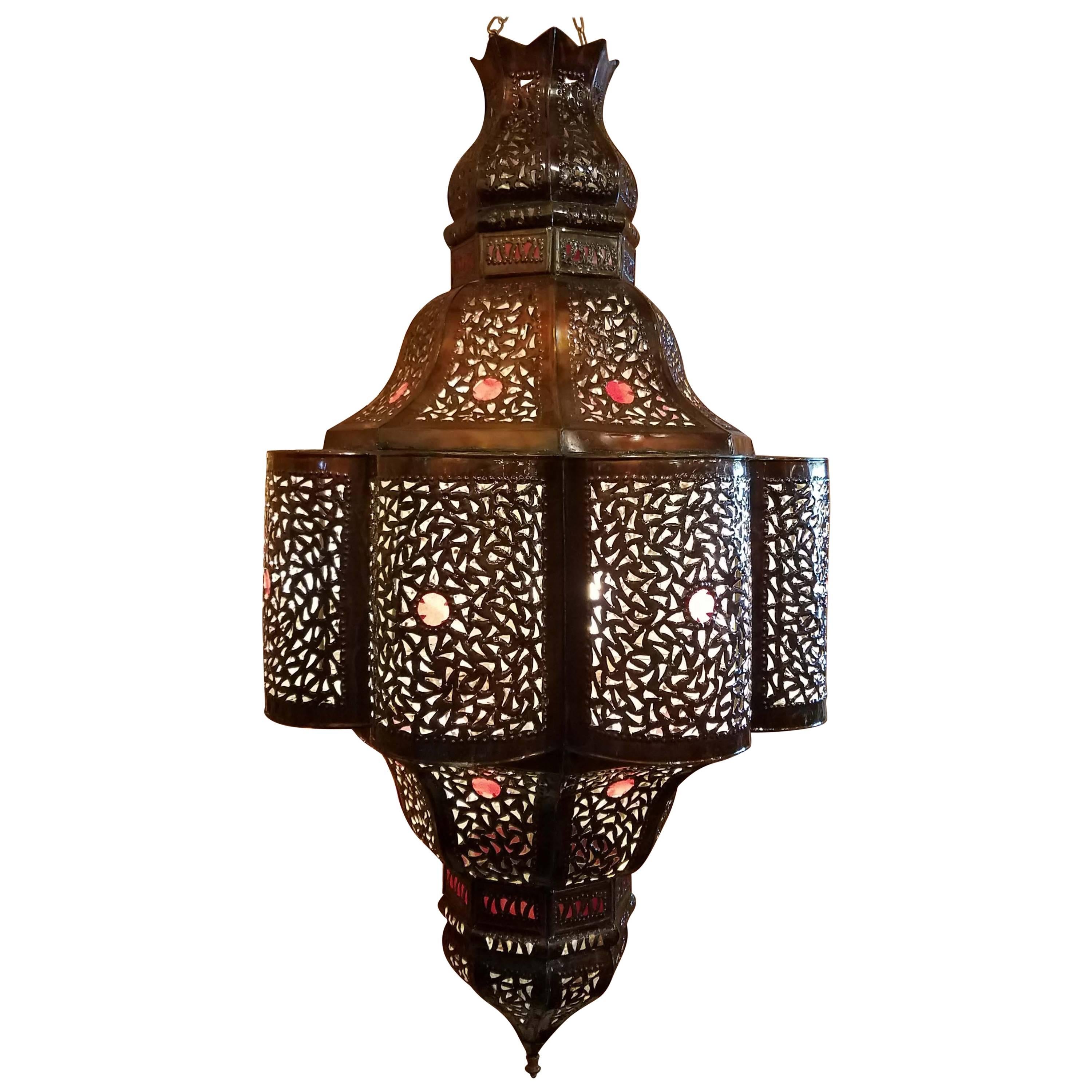 Turkish Moroccan Handmade Metal Lantern and Multi-Color Glass For Sale