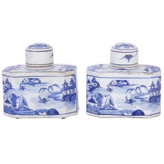 blue and white containers Pair of Blue and White Porcelain Tea Containers