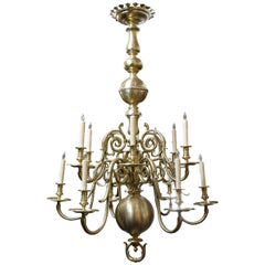 Antique Spanish, Mallorca, Large Brass Baroque Style Twelve-Light Chandelier, circa 1900
