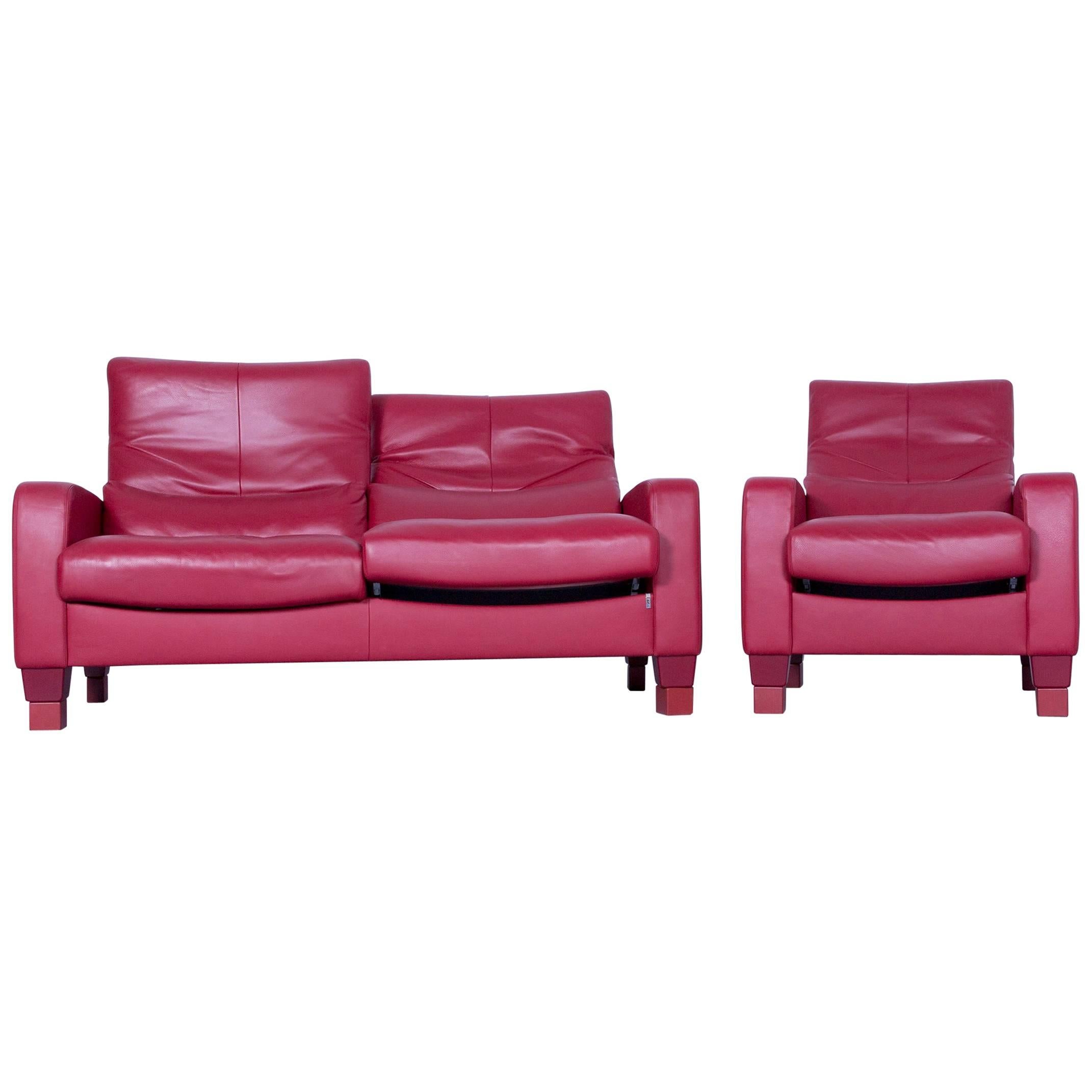 Erpo Designer Sofa Set Leather Red Two-Seat and Armchair Couch Recline Function