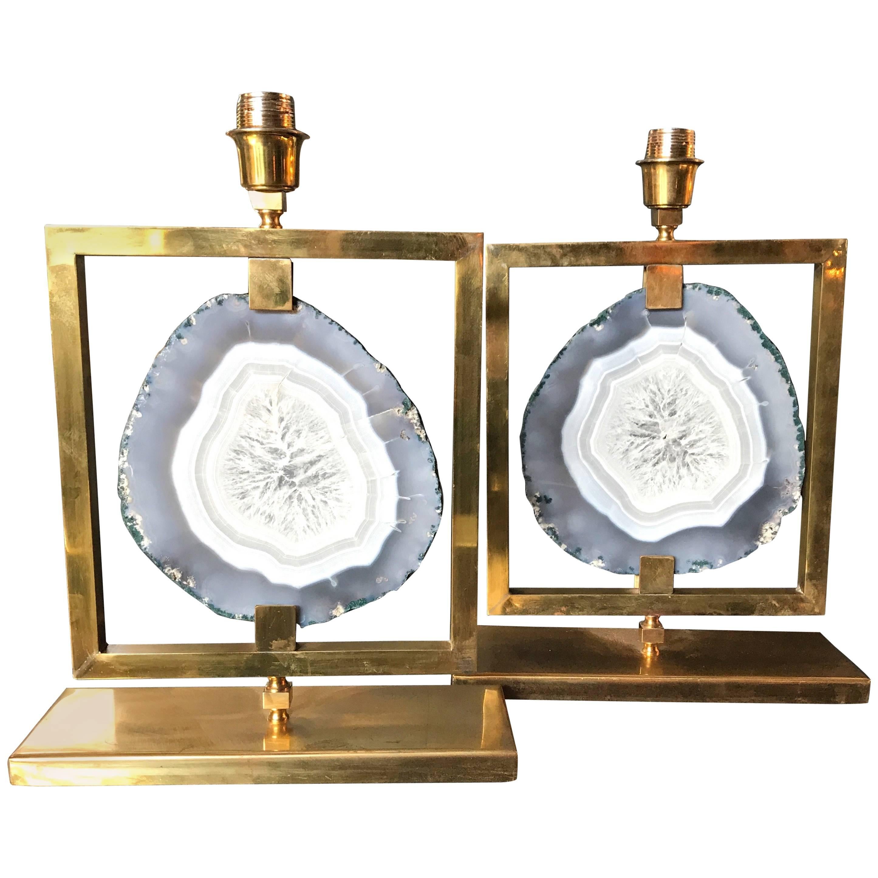 Couple of Table Lamps Agate in Natural Brass