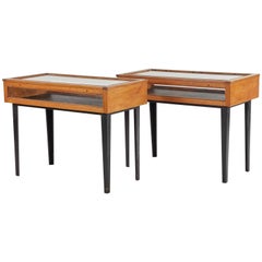 Antique 1940s French Pair of Display Wood and Glass Consoles with Ebonized Legs