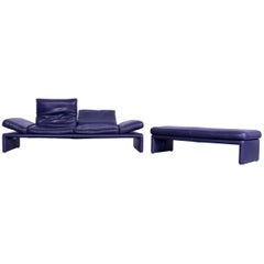 Koinor Raoul Designer Sofa and Footstool Purple Eggplant Colored Leather