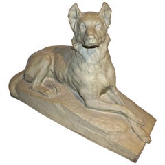 Charles Virion 1920 Antique Gray Terracotta Sculpture of a German Shepherd Dog