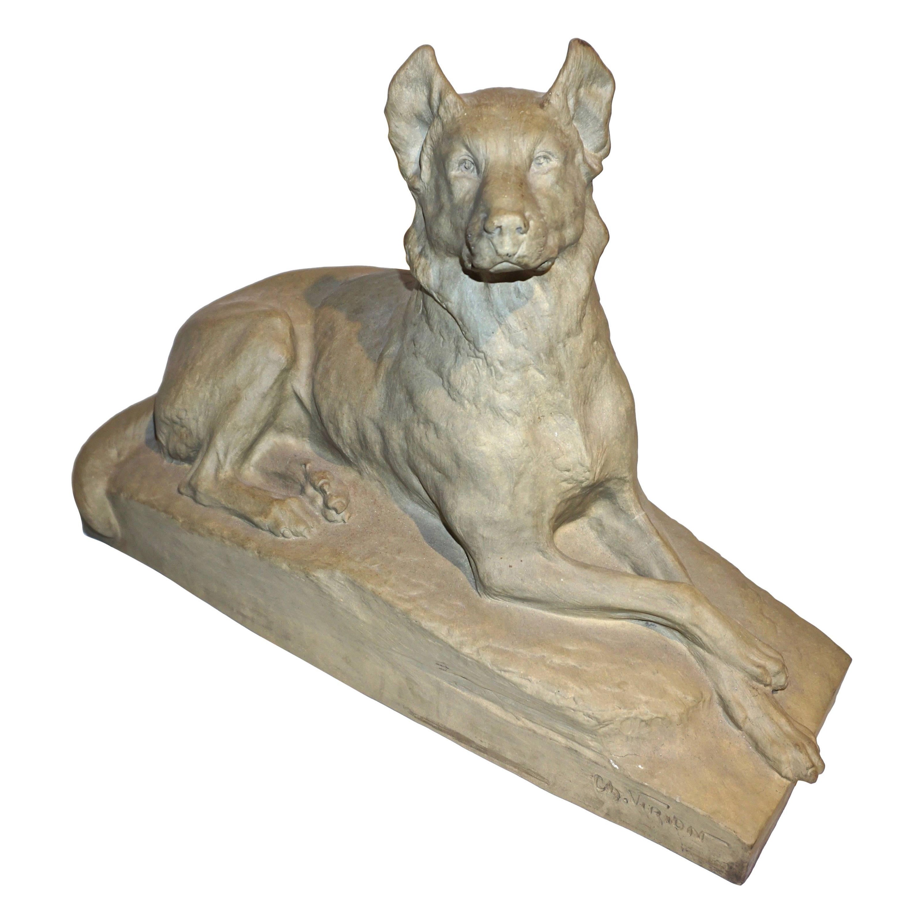 Charles Virion 1920 Antique Gray Terracotta Sculpture of a German Shepherd Dog