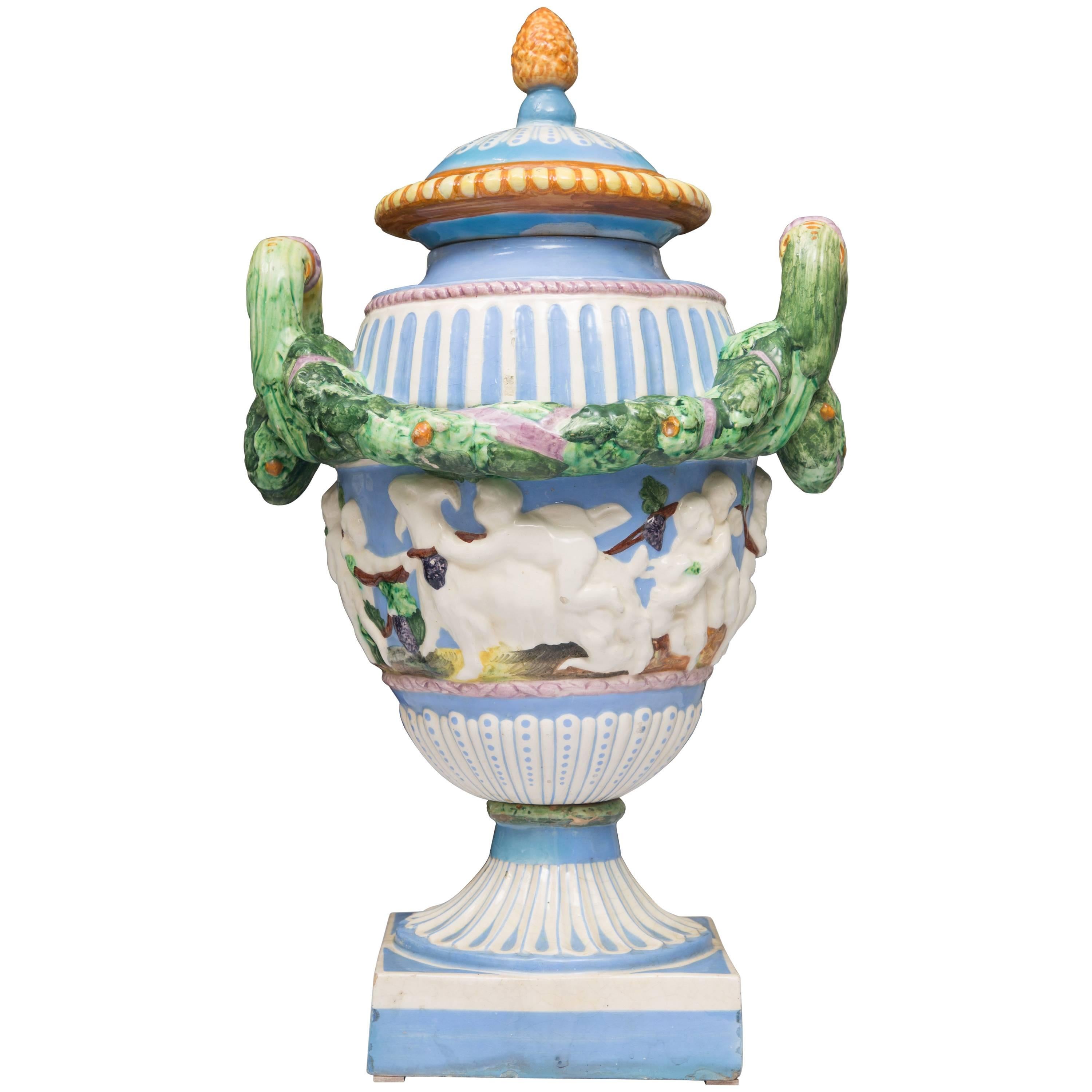 19th Century Della Robbia Italian Hand-Painted and Glazed Lidded Urn For Sale