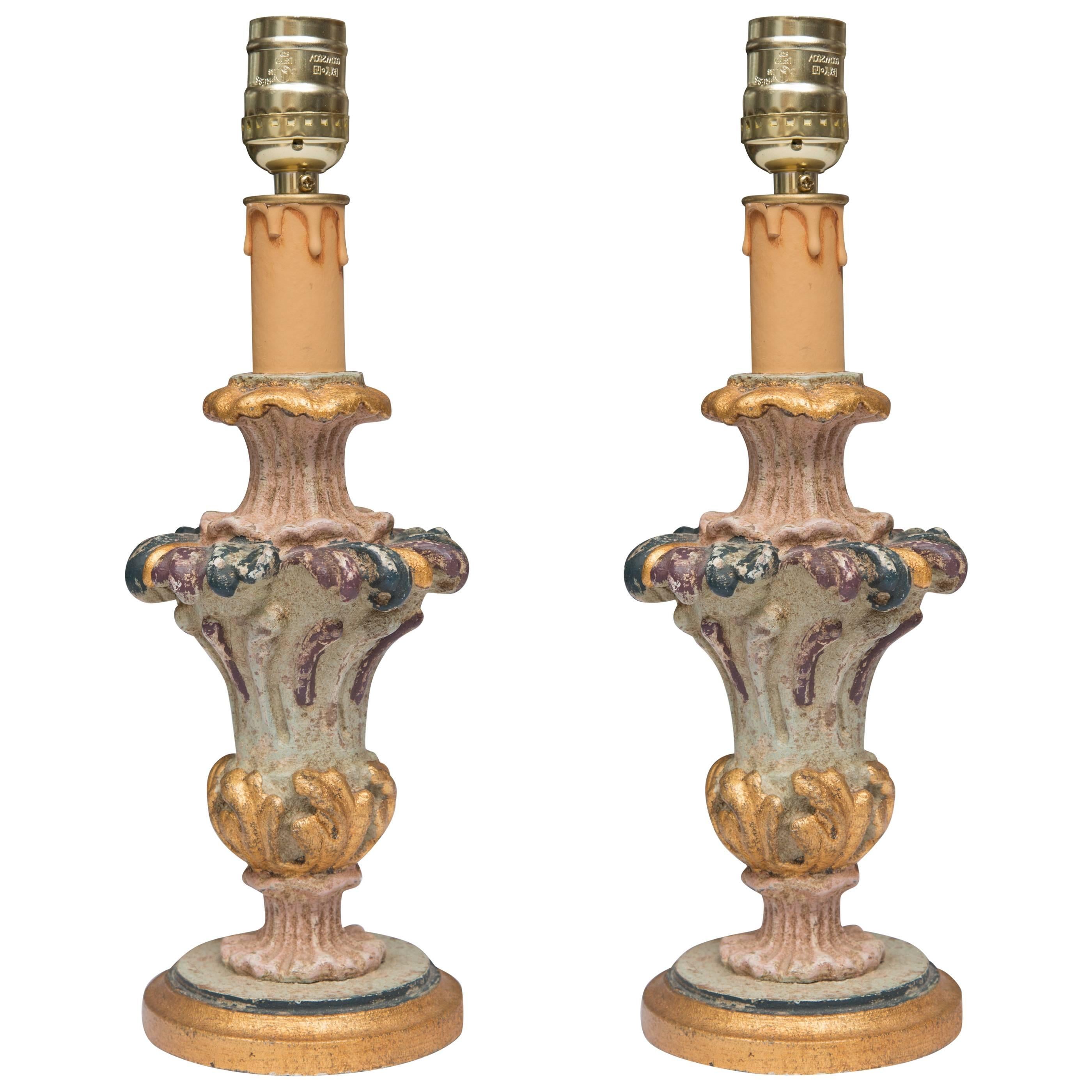 Hand-Painted and Parcel-Gilt Italian Candlesticks as Lamps For Sale