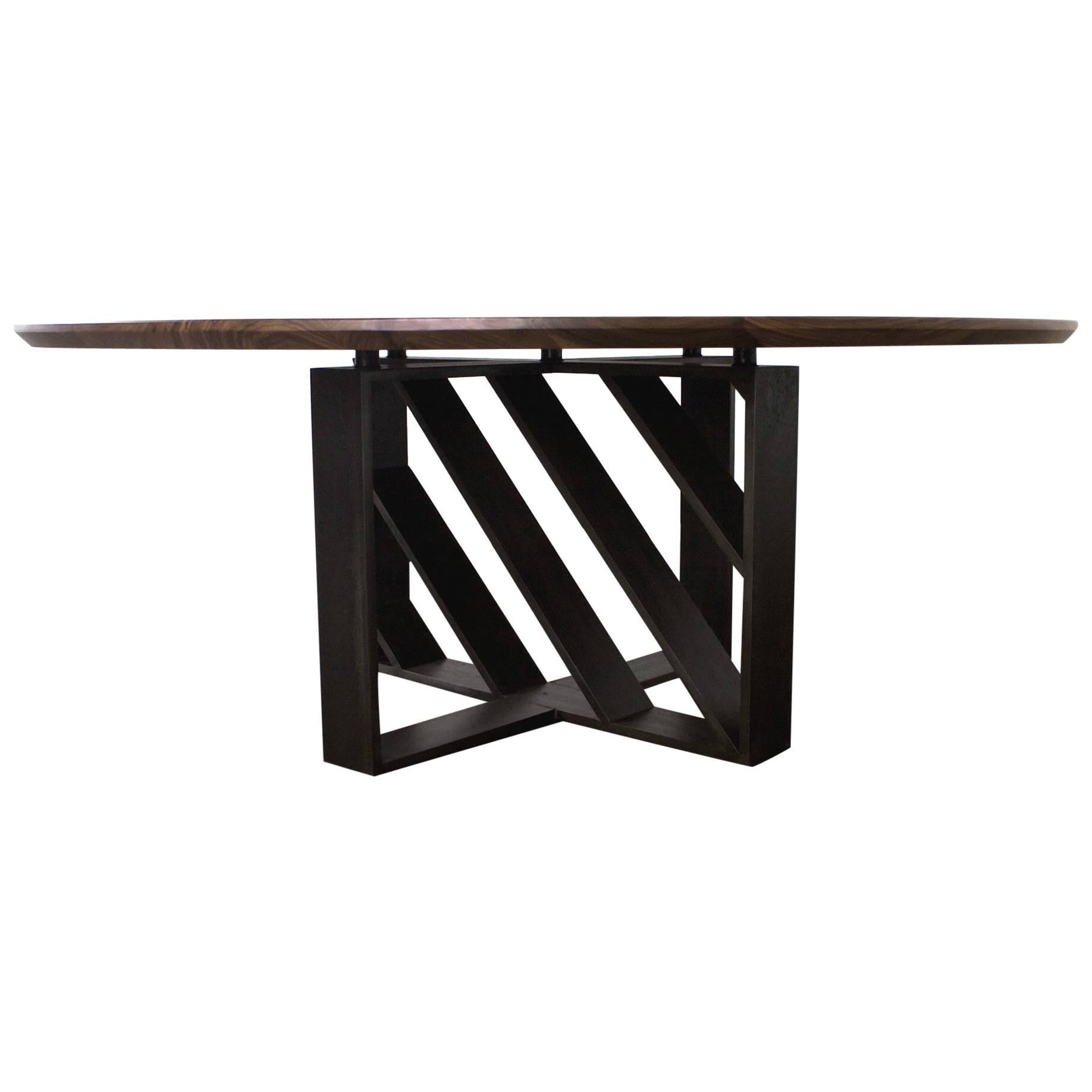 Table, Round, Dining, Blackened Steel, Hardwood, Modern, Geometric, Custom For Sale