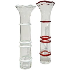 Formia Italian, 1970s Two White Red Crystal Clear Murano Glass Tall Flared Vases
