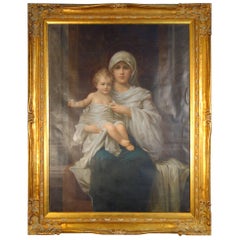 Antique 19th Century Italian Madonna and Child Oil Painting on Canvas and Giltwood Frame