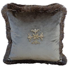 Antique Gold Metallic Appliqued Silk Velvet Pillows, Pair