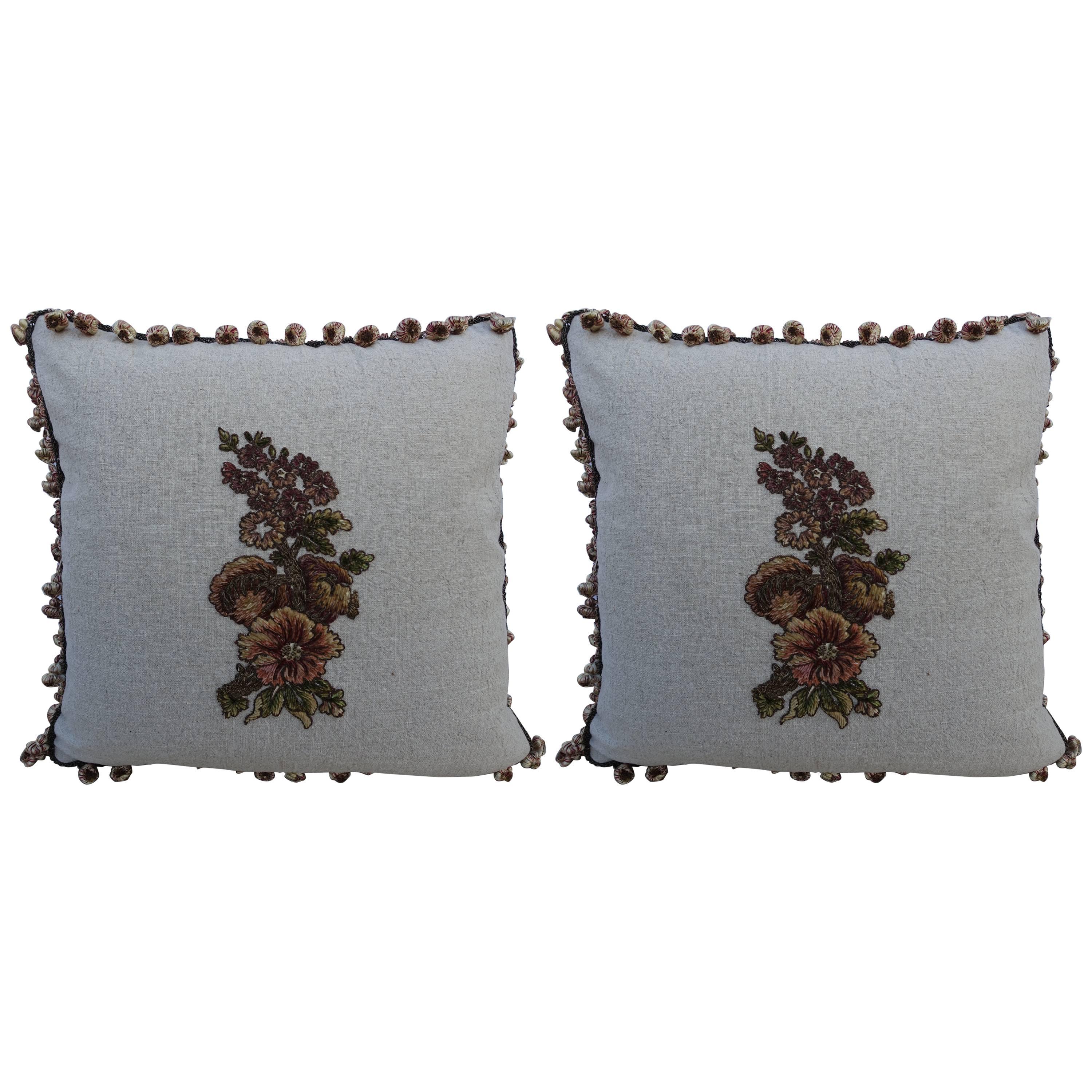 Metallic & Chenille Floral Appliqued Linen Pillows, a Pair For Sale