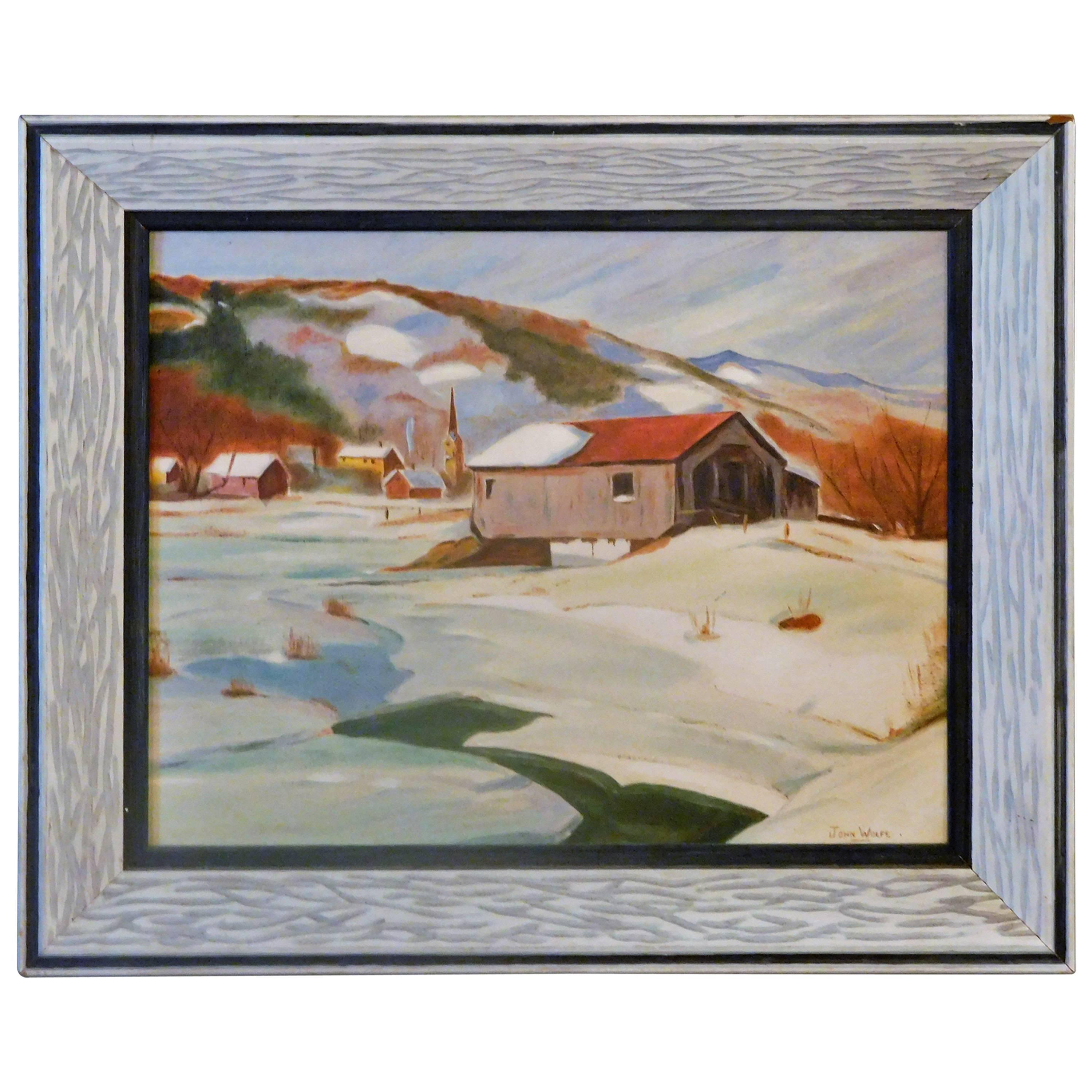 New England Winter Day, John Wolfe, Oil Paint on Academy Board, circa 1950 For Sale
