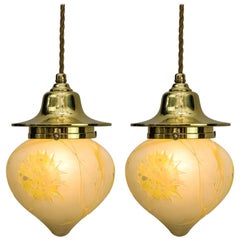 Two Jugendstil Pendants with Original Palme Koenig Glass Shades