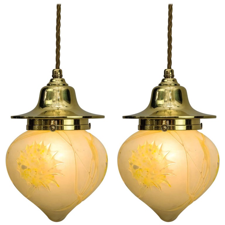 Two Jugendstil Pendants with Original Palme Koenig Glass Shades For