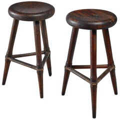 Pair of High Scandinavian Wooden Tripod Stools with Iron Connections, 1930s