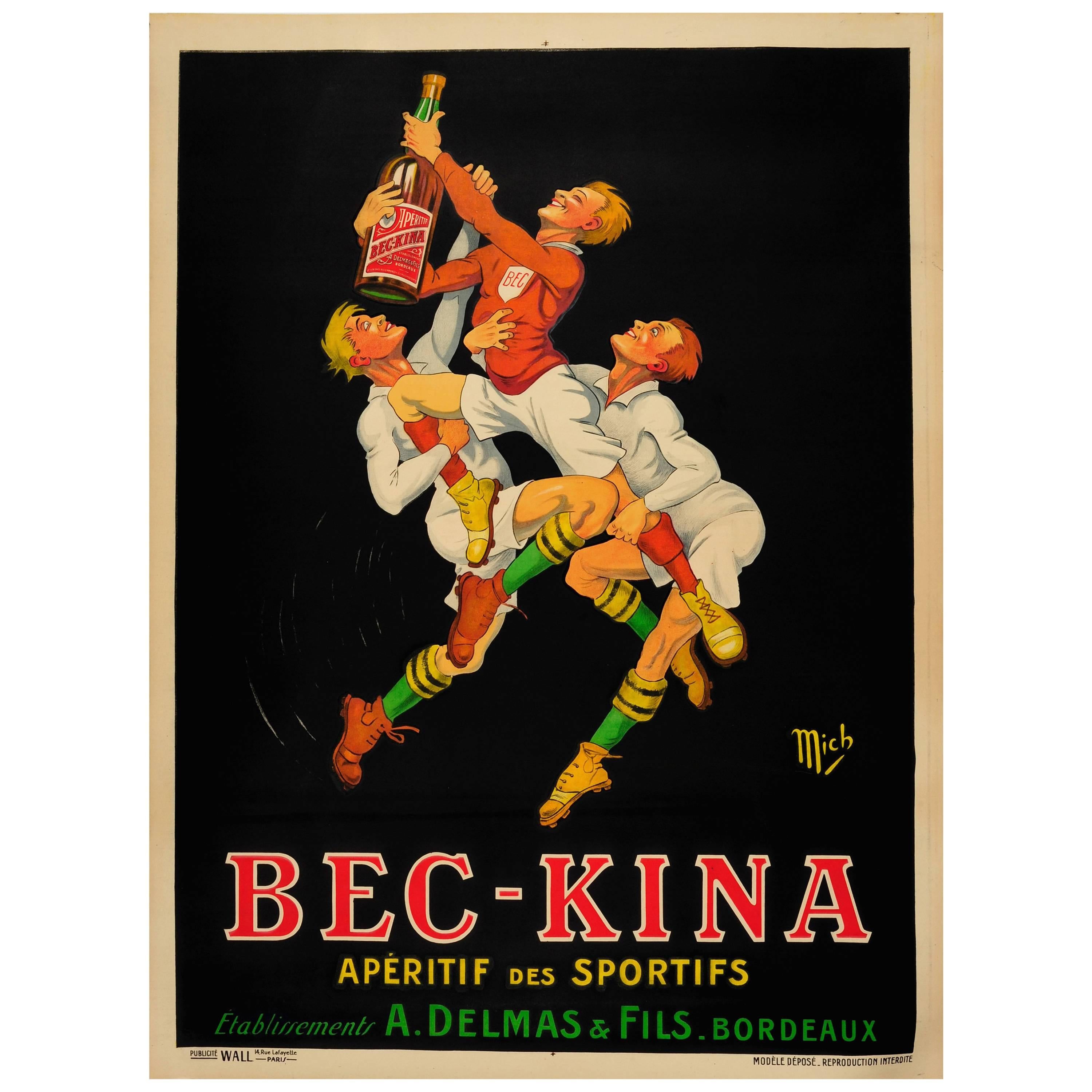Large Original Vintage Drink Poster Ft. Rugby for Bec Kina Aperitif Des Sportifs