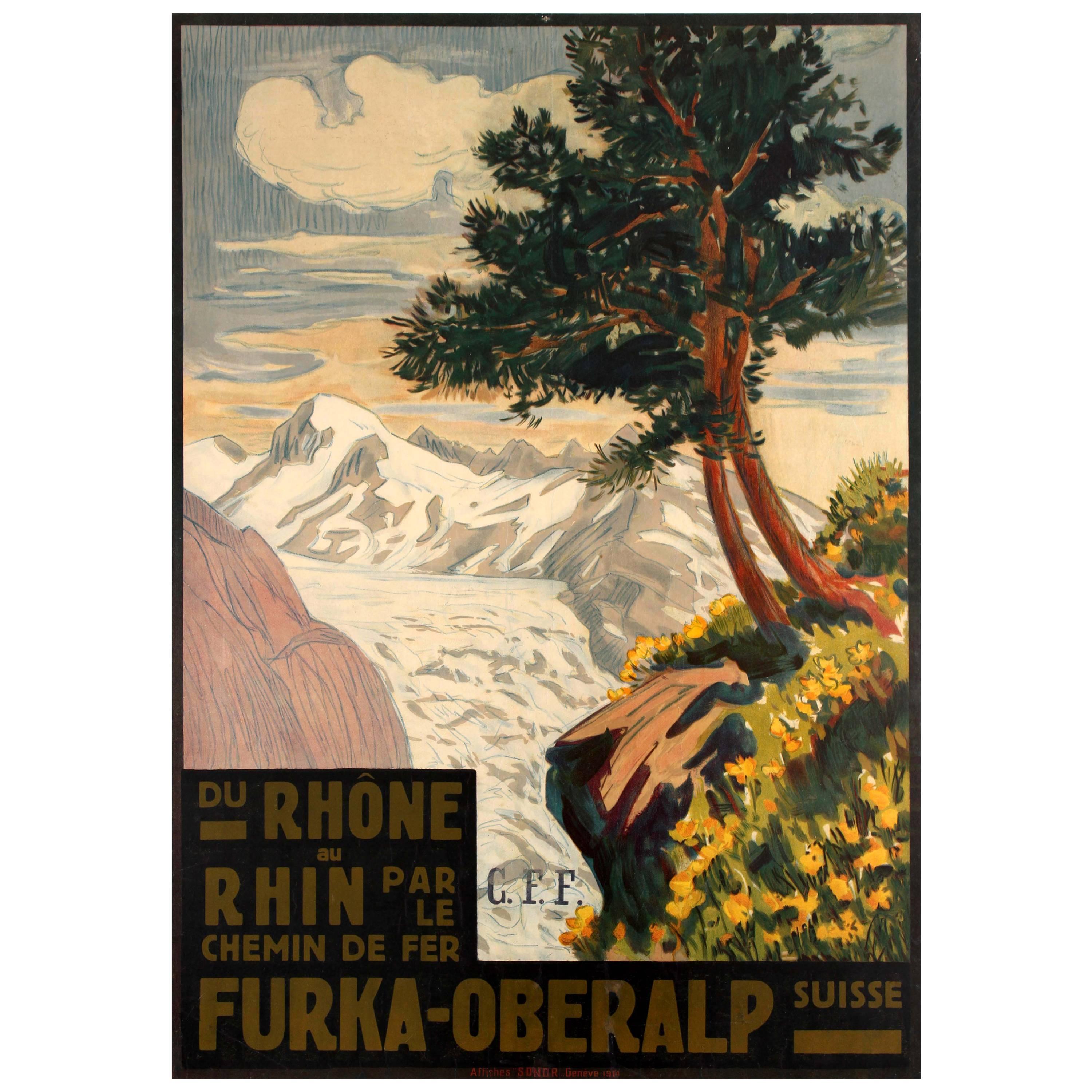 Original Antique Furka Oberalp Railway Poster - From The Rhone To Rhine By Train