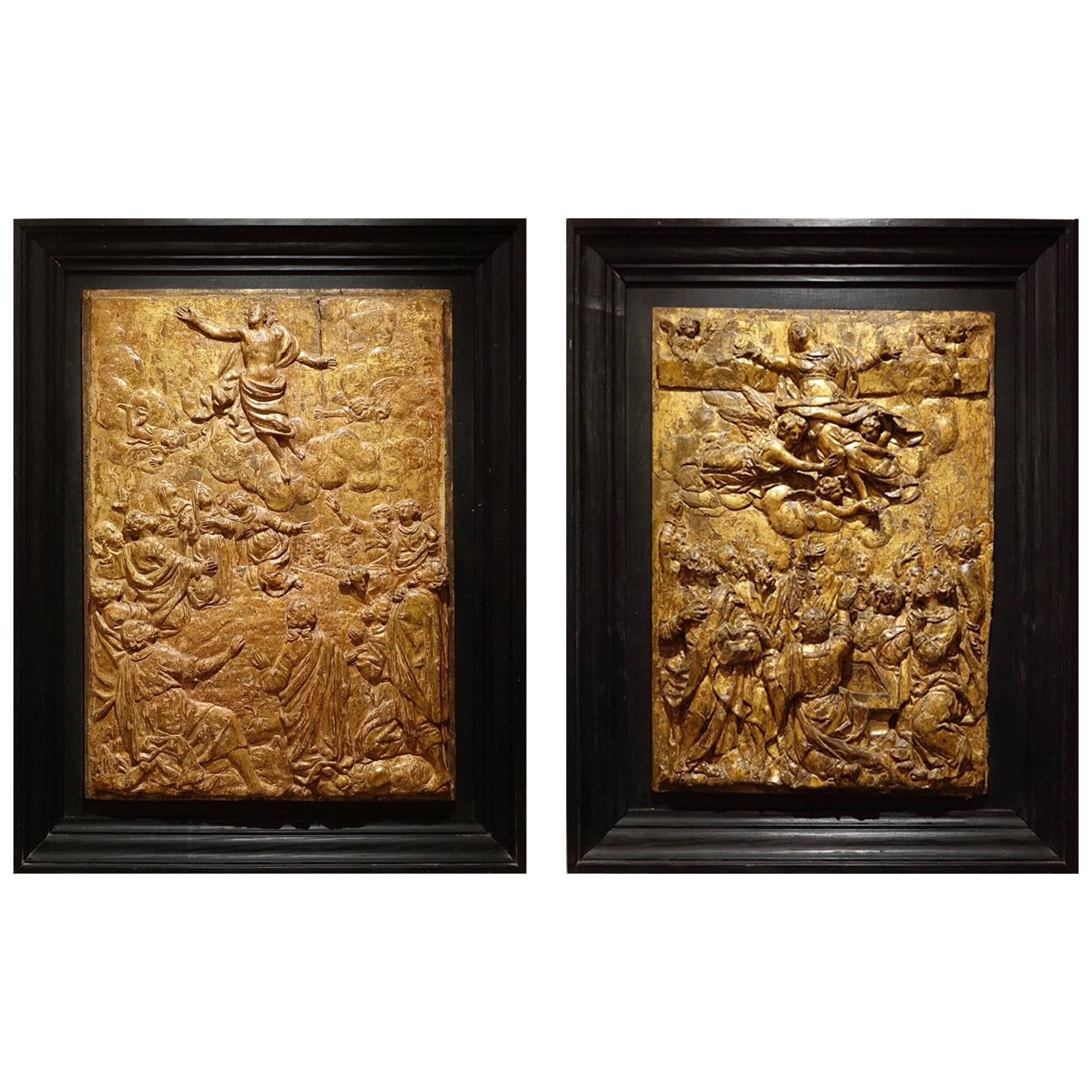 Pair of Carved Oak Gilt Panels, Flanders Late 16th Century