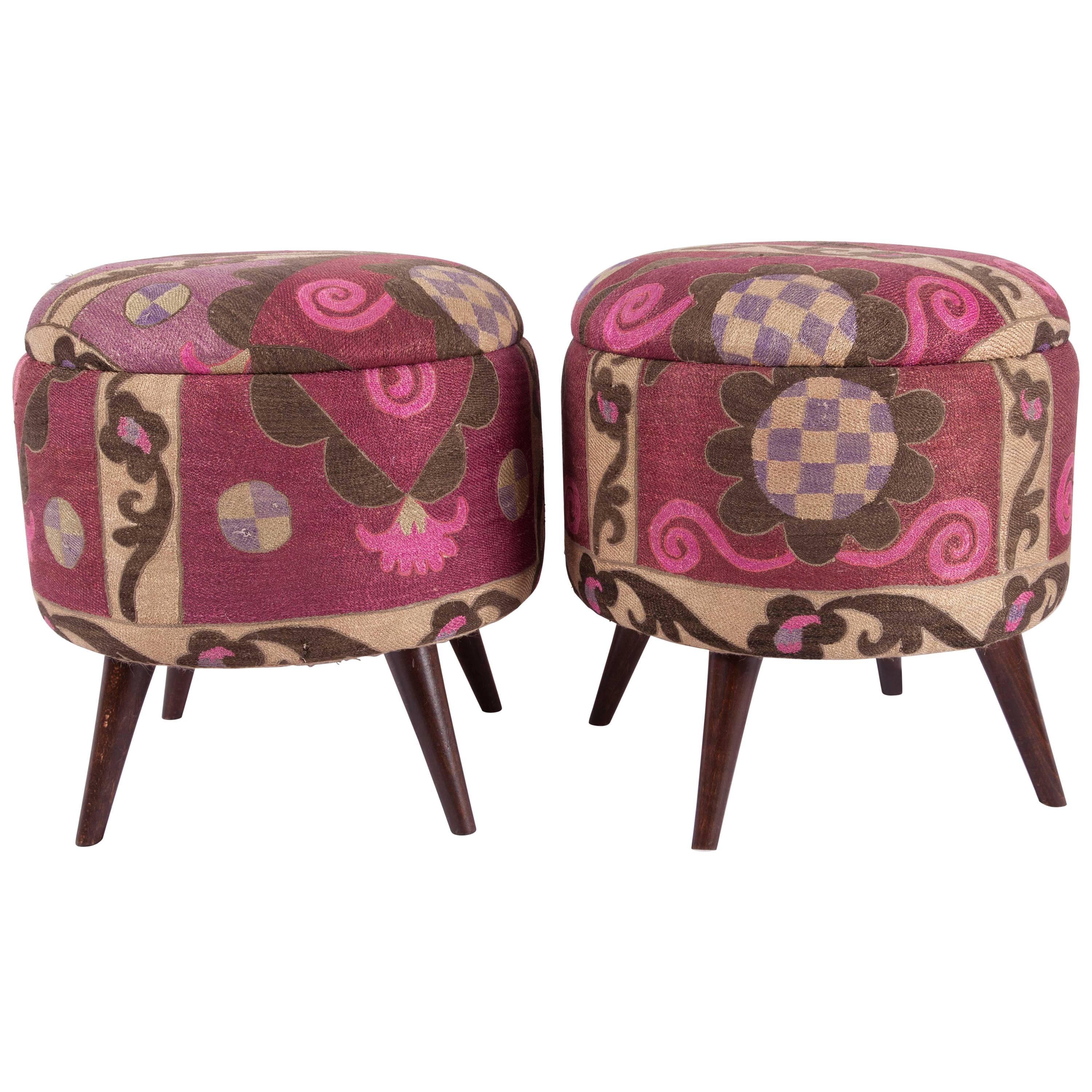 Ottoman or Poufs Fashioned from a Mid-20th Century Tashkent Silk Suzani