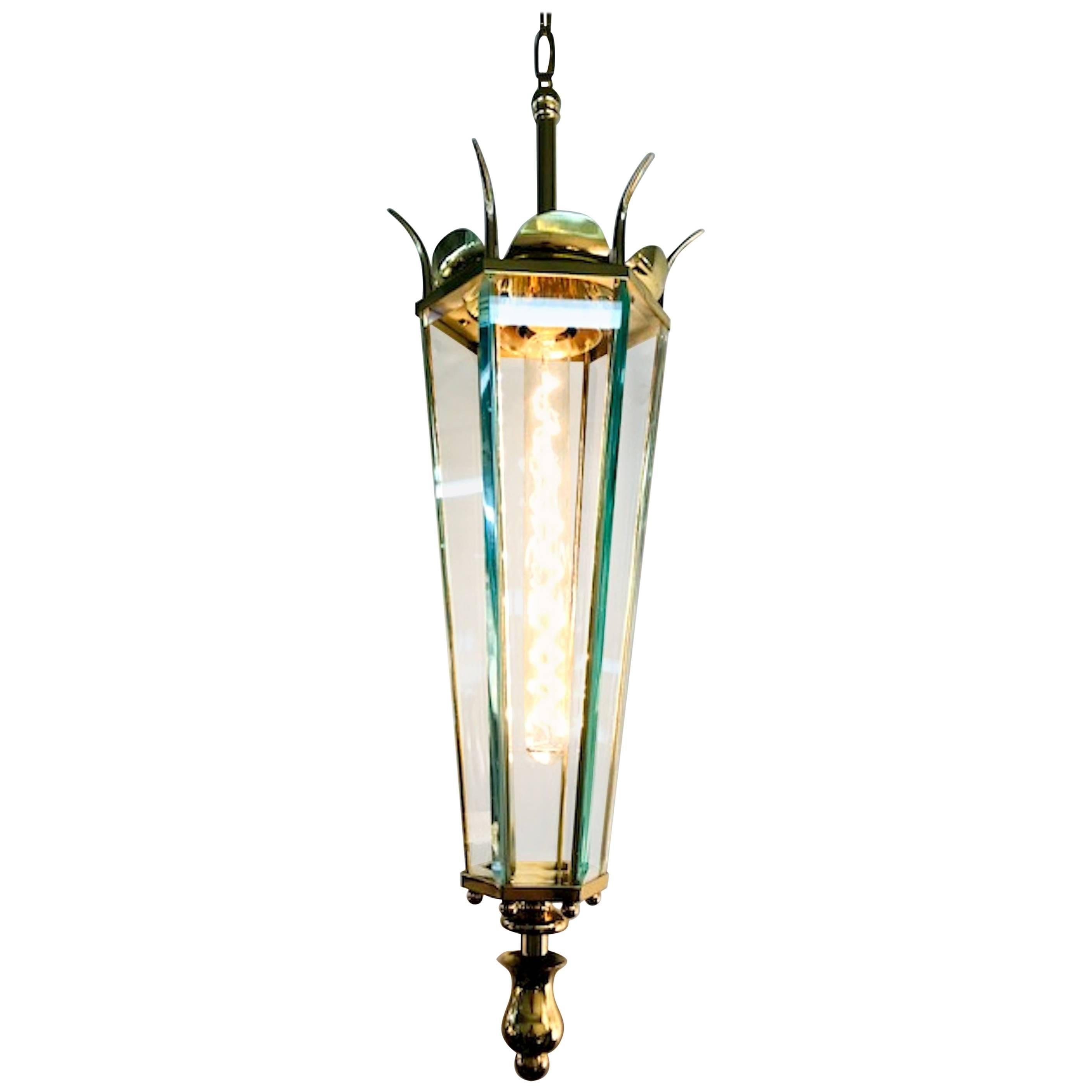 Italian 1940s Brass and Glass Lantern For Sale