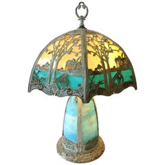 Radiant & Rare Torquoise and Light Yellow Ivorene Finish Art Glass Table Lamp