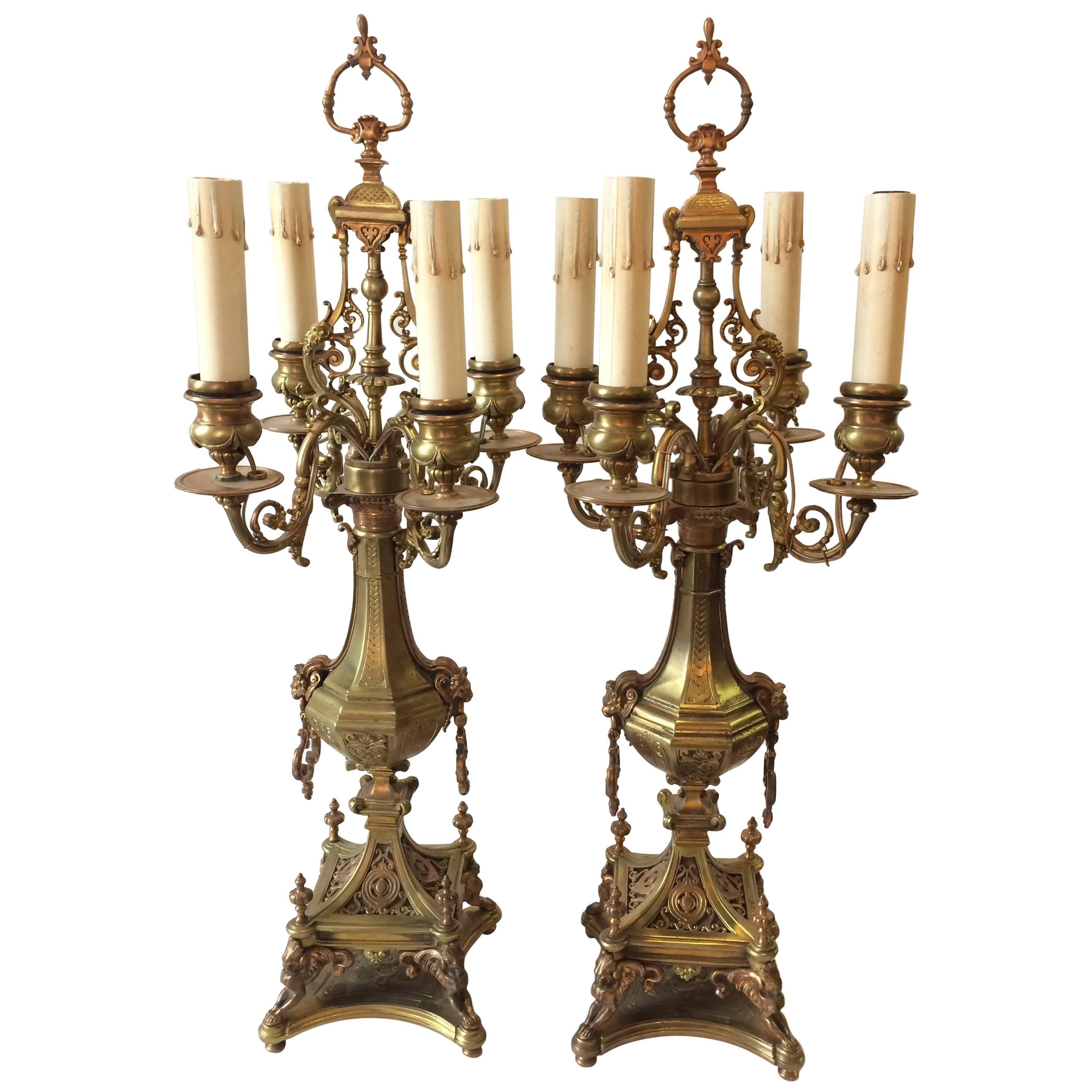 Supremely Elegant Pair of Bronze Renaissance Revival Candelabra Lamps For Sale