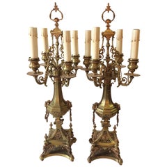 Antique Supremely Elegant Pair of Bronze Renaissance Revival Candelabra Lamps
