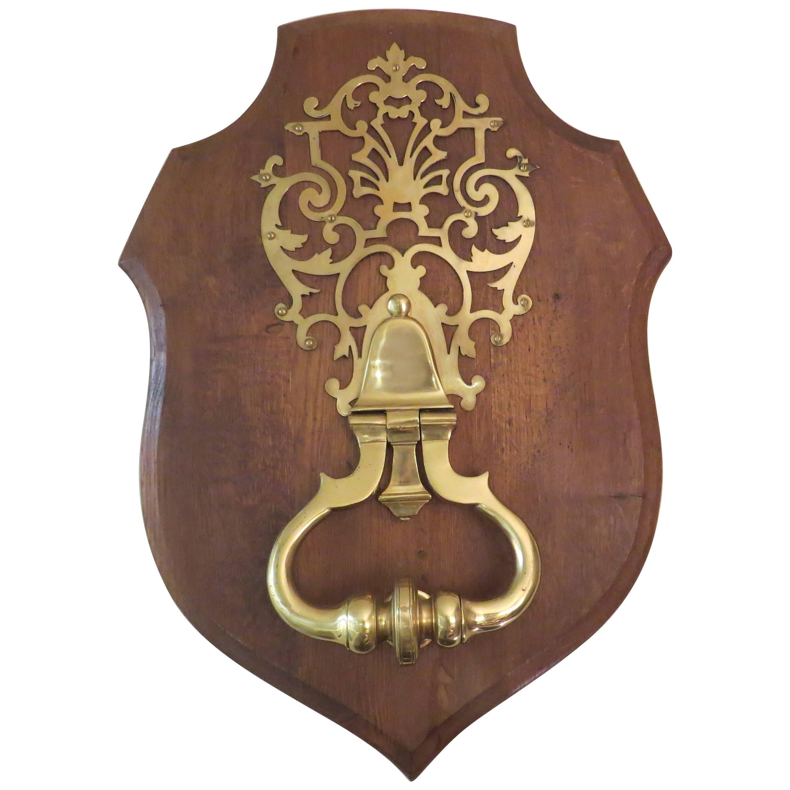 20th Century Brass Door Knocker with Pierced Backplate Mounted on Oak Plaque
